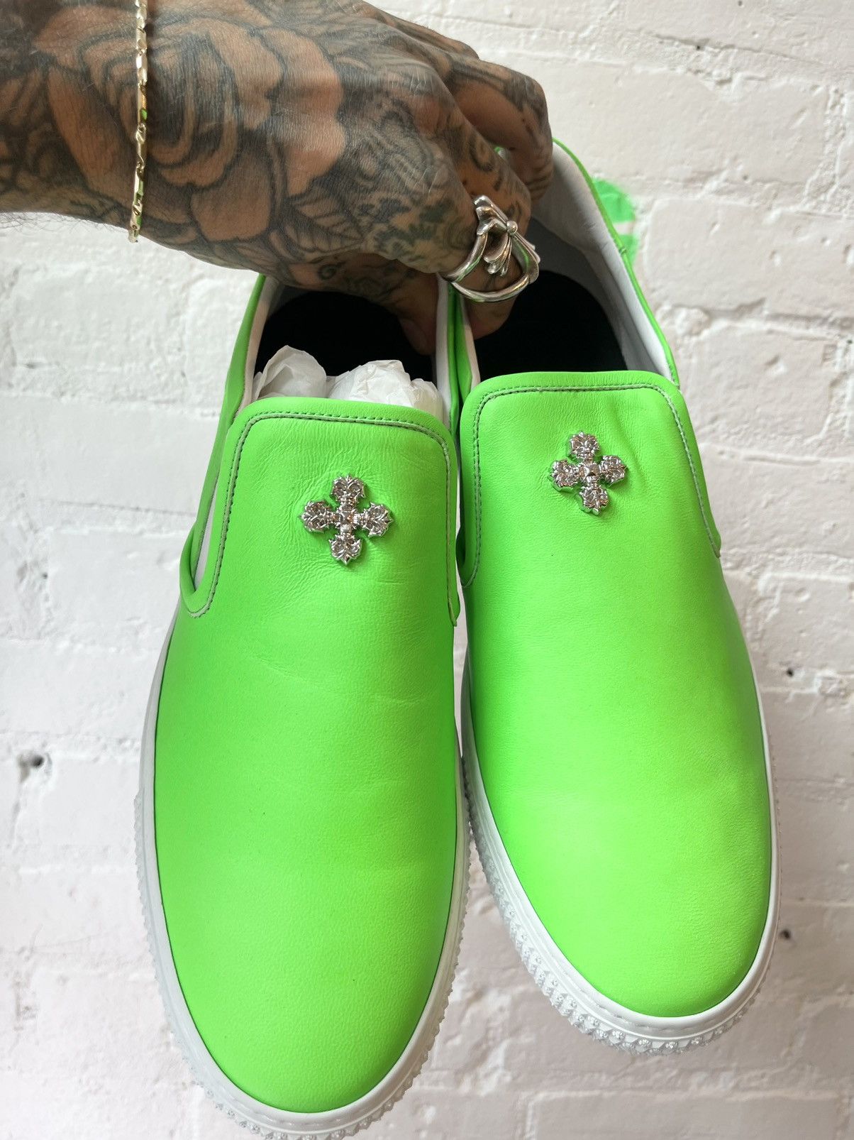 Chrome Hearts Chrome Hearts NEW Neon Lime Green LEATHER Slip On 