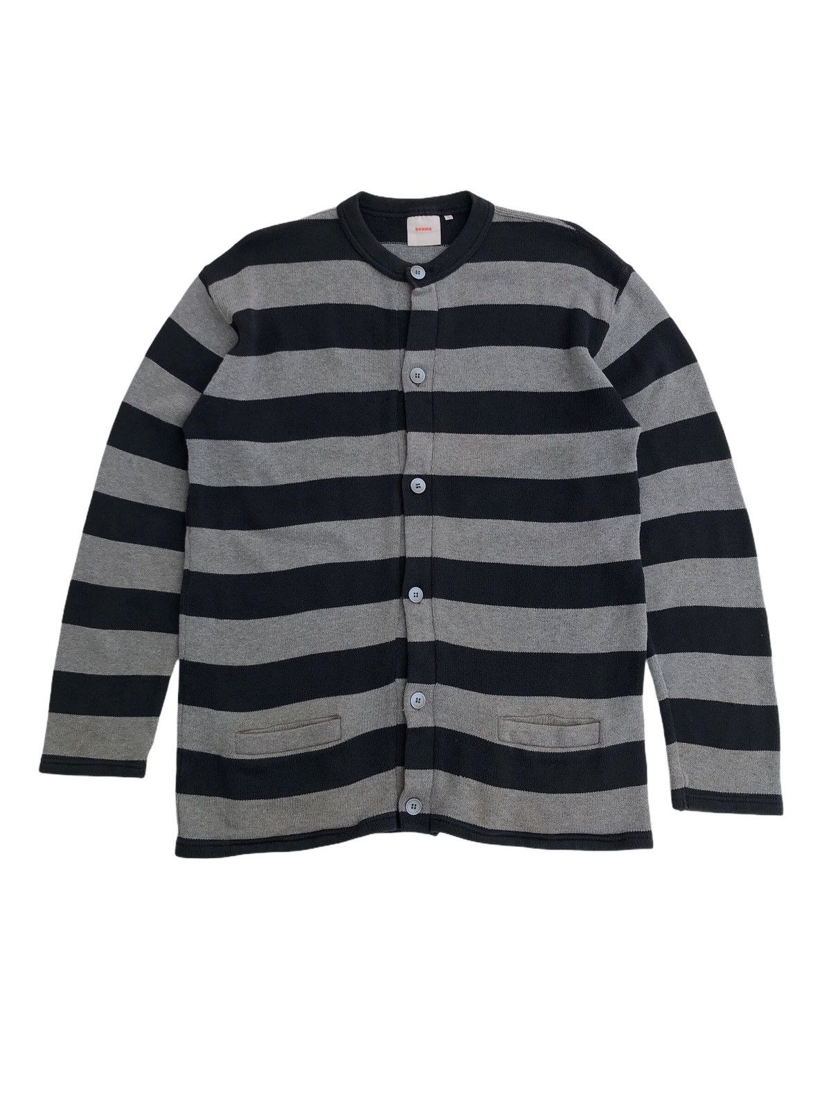 image of Beams Plus Beams Japan Stripes Prisoners Button Hand Knit Sweatshirt in Grey/Blac (Size Large)