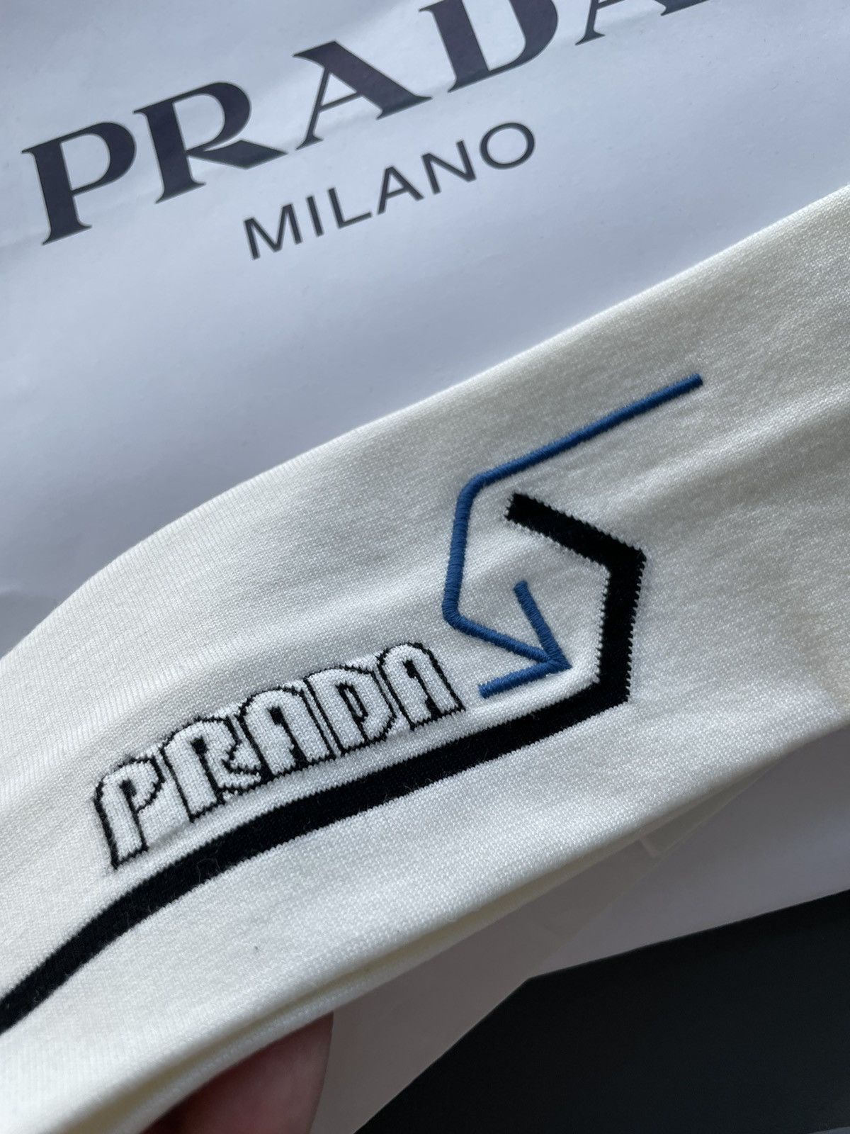 image of Extremely Limited Edition Runway Prada Logo Head Band in White, Men's