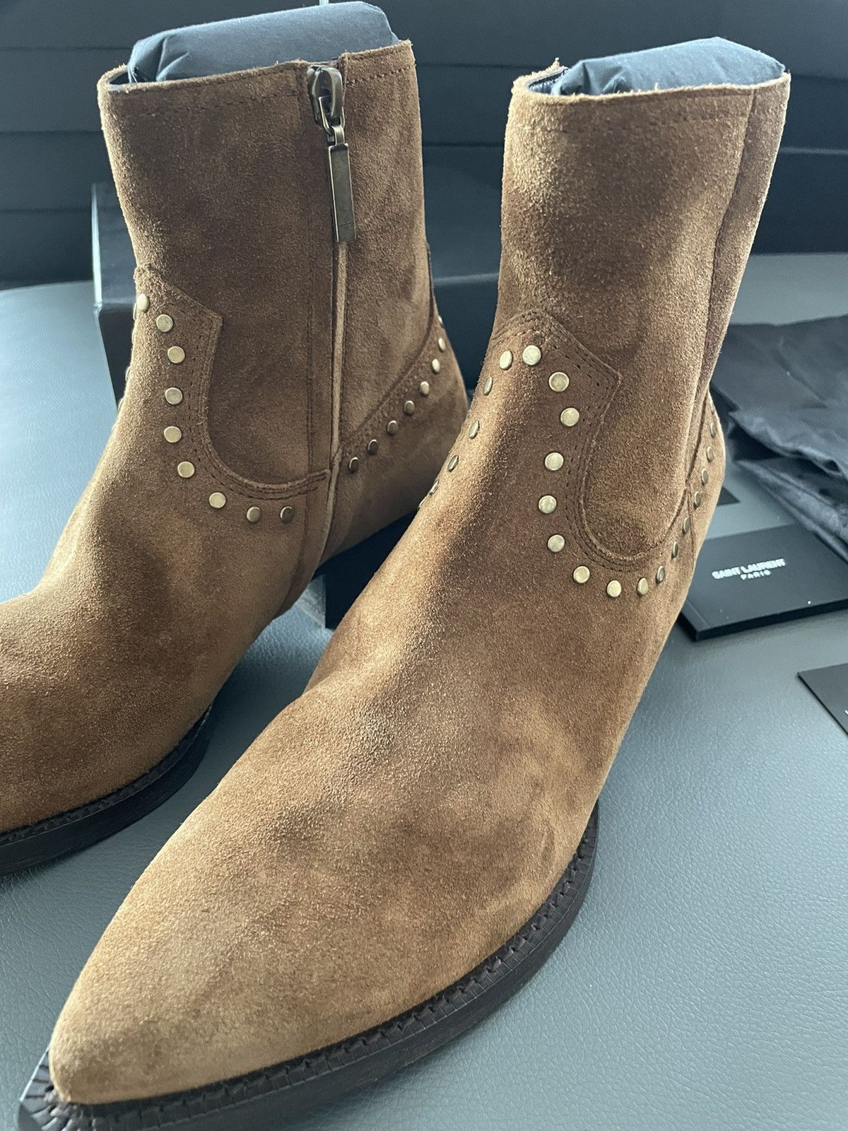 Hedi Slimane × Saint Laurent Paris × Yves Saint Laurent Brand NEW Lukas Florence Studs Suede Leather Western Boots Size US 10 / EU 43 - 12 Thumbnail