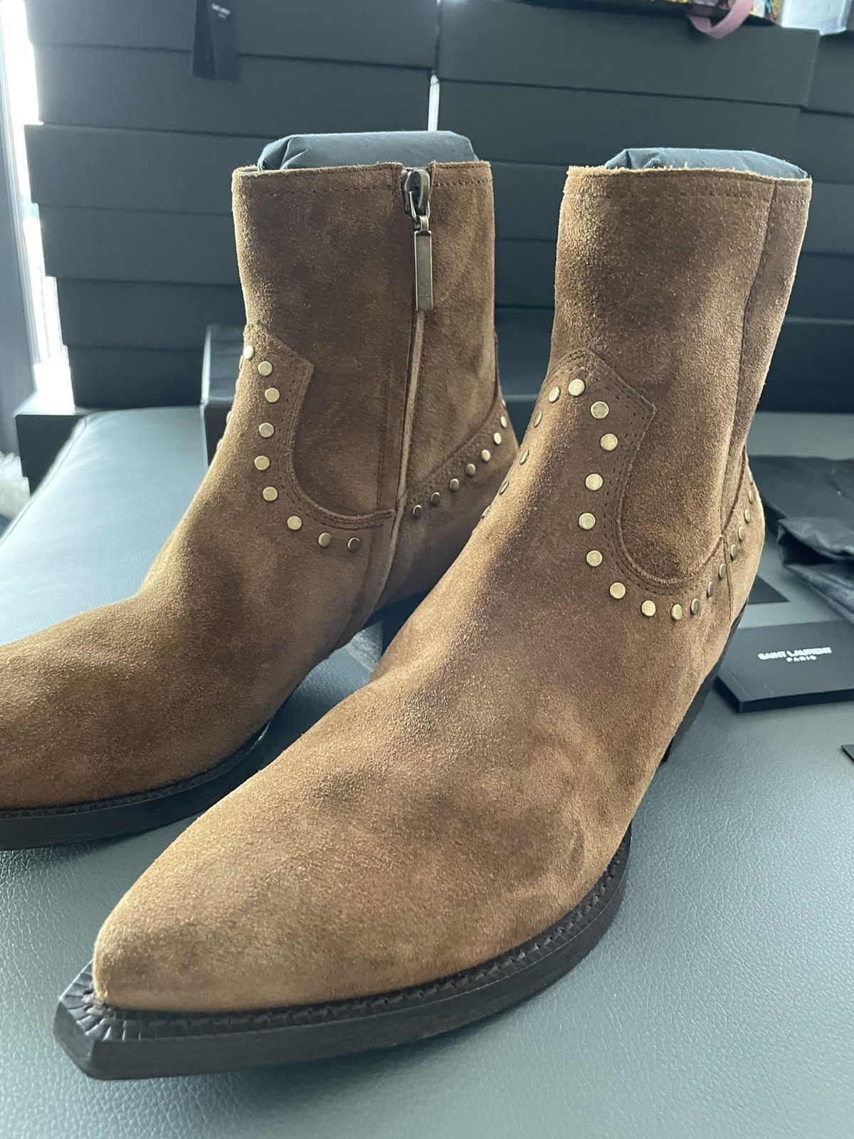 Hedi Slimane × Saint Laurent Paris × Yves Saint Laurent Brand NEW Lukas Florence Studs Suede Leather Western Boots Size US 10 / EU 43 - 13 Thumbnail
