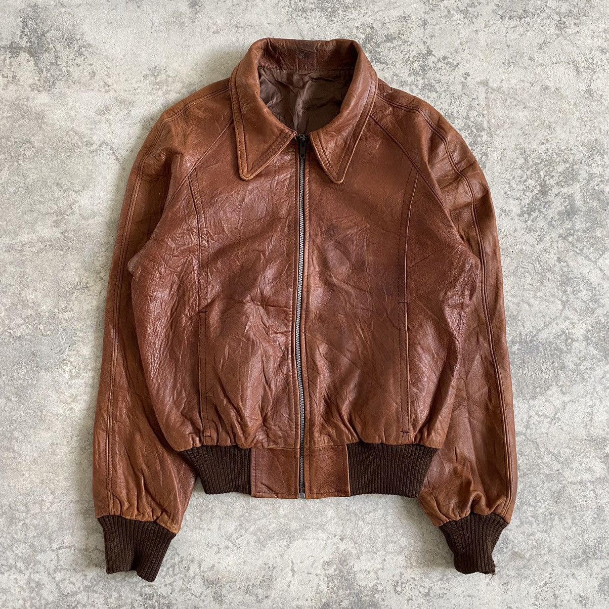 image of Vintage 80's Edward V Dirty Leather Bomber Jacket in Brown Tan, Men's (Size Small)