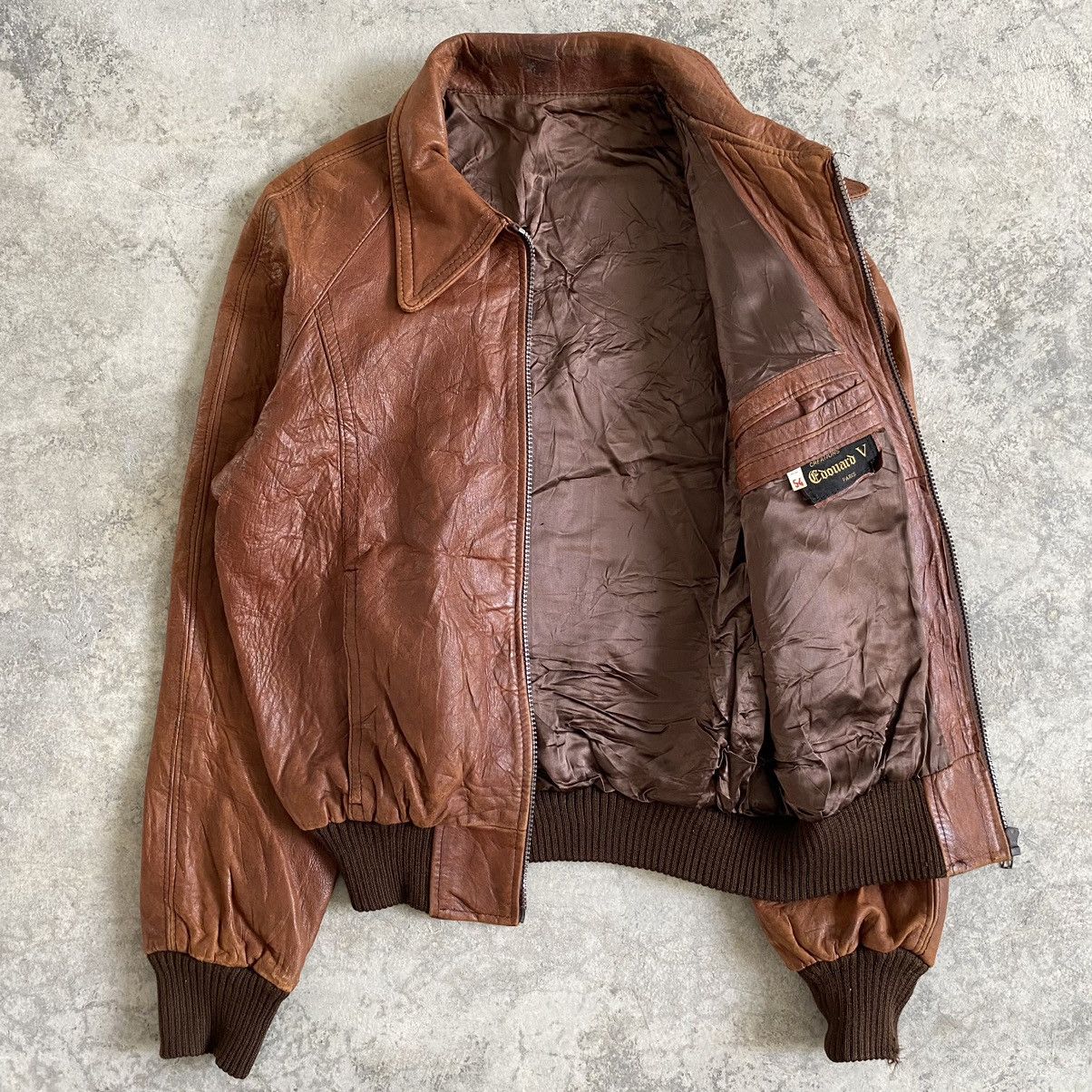 Leather Vintage 80's Edward V Patina Leather Bomber Jacket Size US S / EU 44-46 / 1 - 9 Thumbnail