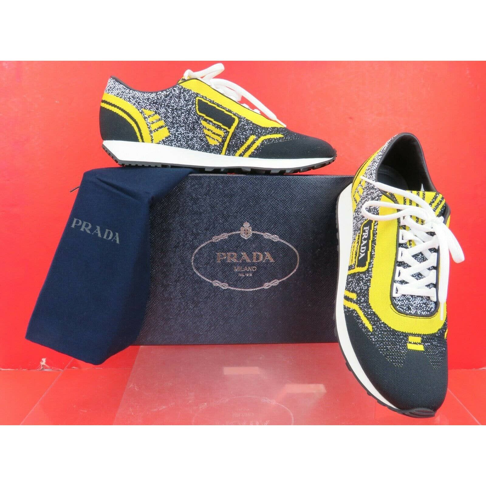 Prada 2EG272 YELLOW BLACK FABRIC TRAINERS KNIT LOGO SNEAKERS 9 Size US 10 / EU 43 - 2 Thumbnail