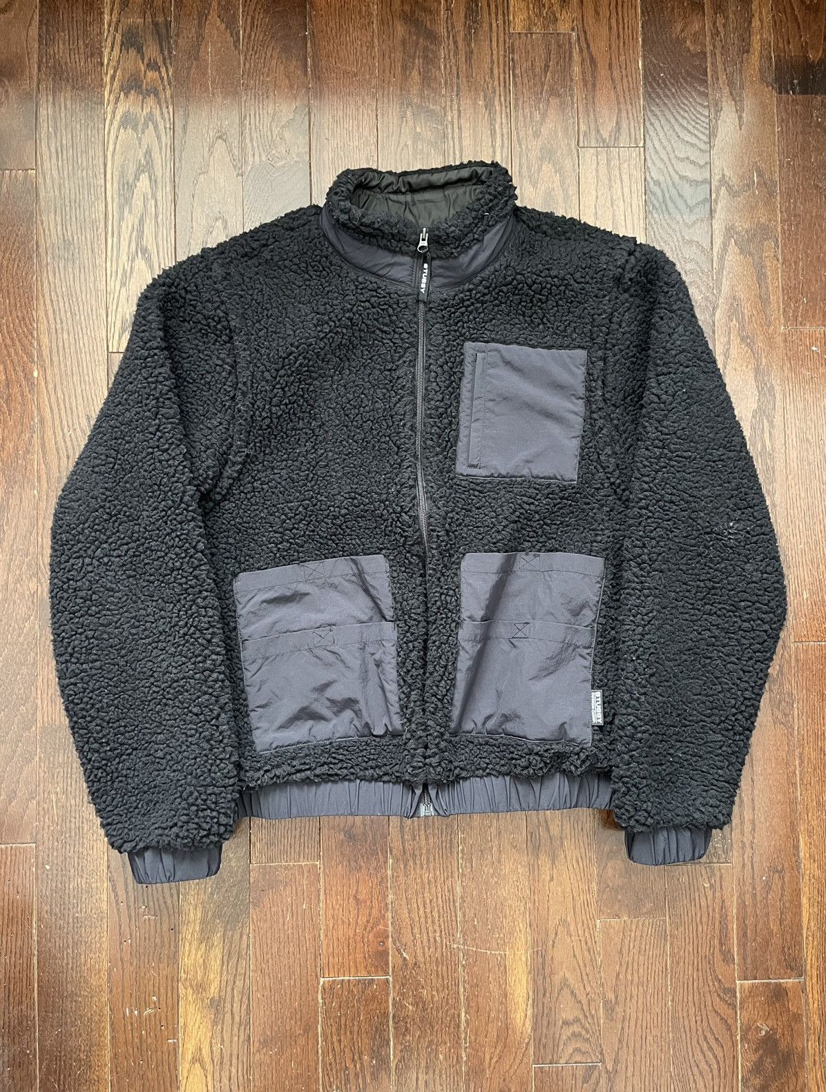image of Stussy Convertible Cargo Sherpa Fleece Jacket Black, Men's (Size Large)