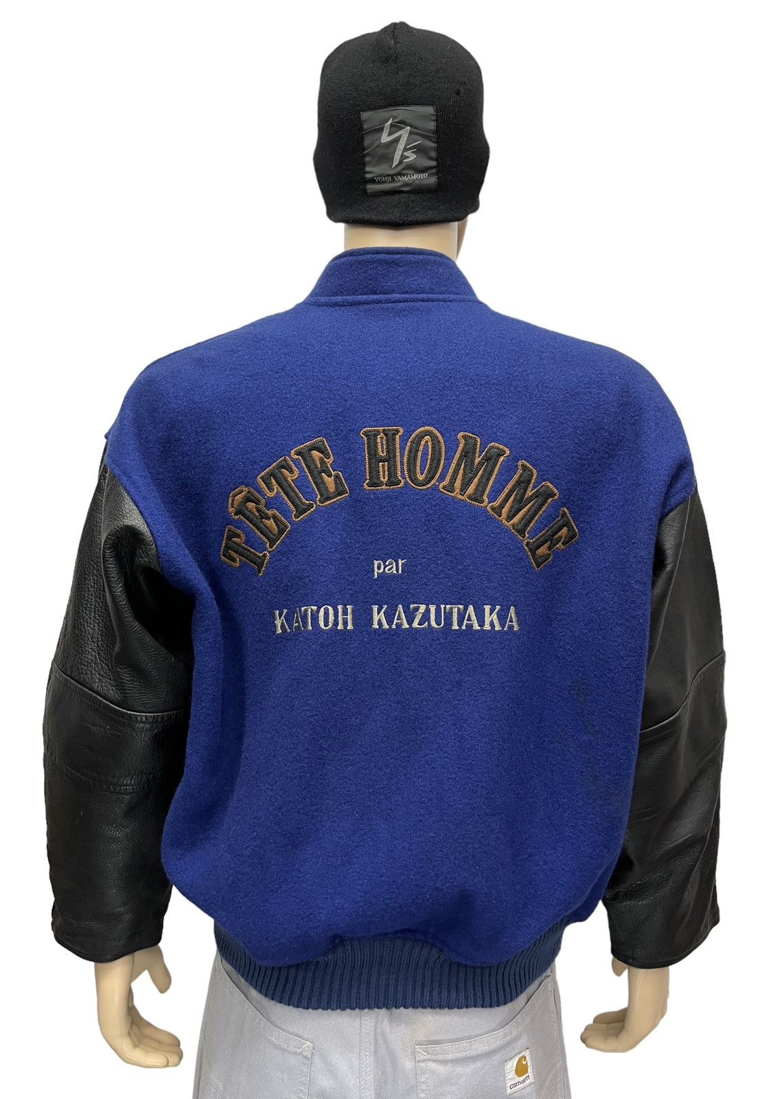 image of Vintage 80’S Tete Homme Katoh Kazutaka Wool Leather Varsity in Blue/Black, Men's (Size Medium)