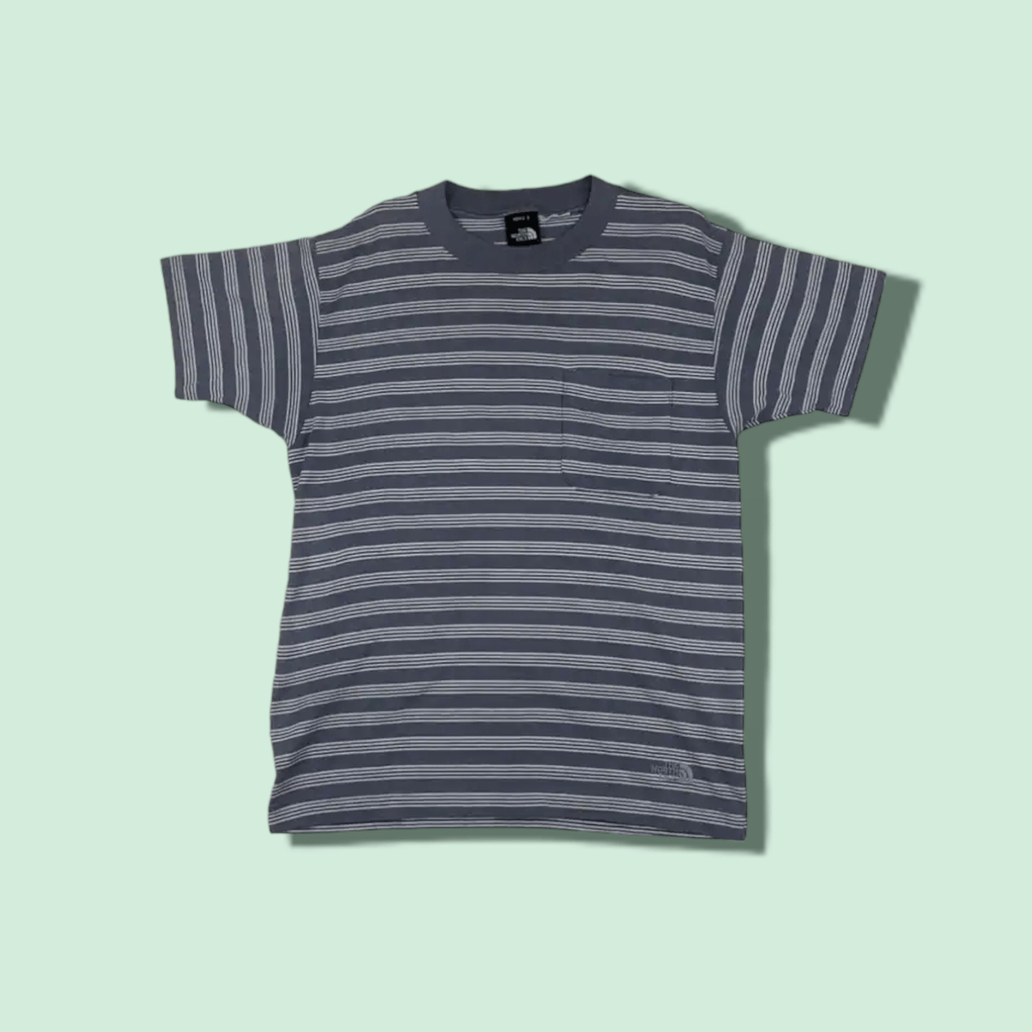 image of The North Face Striped Single Pocket Tee Single Stitches in Grey Stripes, Men's (Size Small)