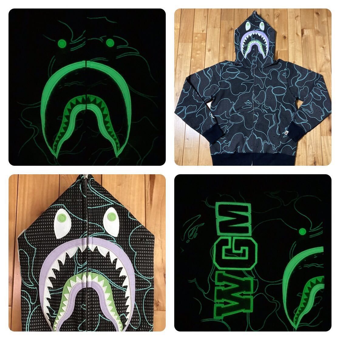 image of Glow In The Dark Text Code Camo Shark Full Zip Hoodie Bape in Black, Men's (Size Large)