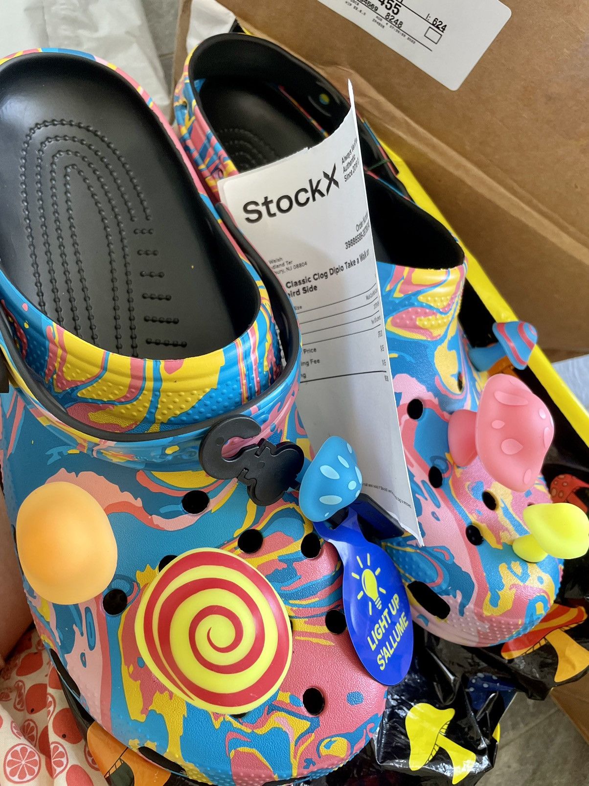 image of Diplo X Crocs Take A Walk On The Weird Side Magic Mushrooms Shoes in Blue Pink Yellow (Size 14)