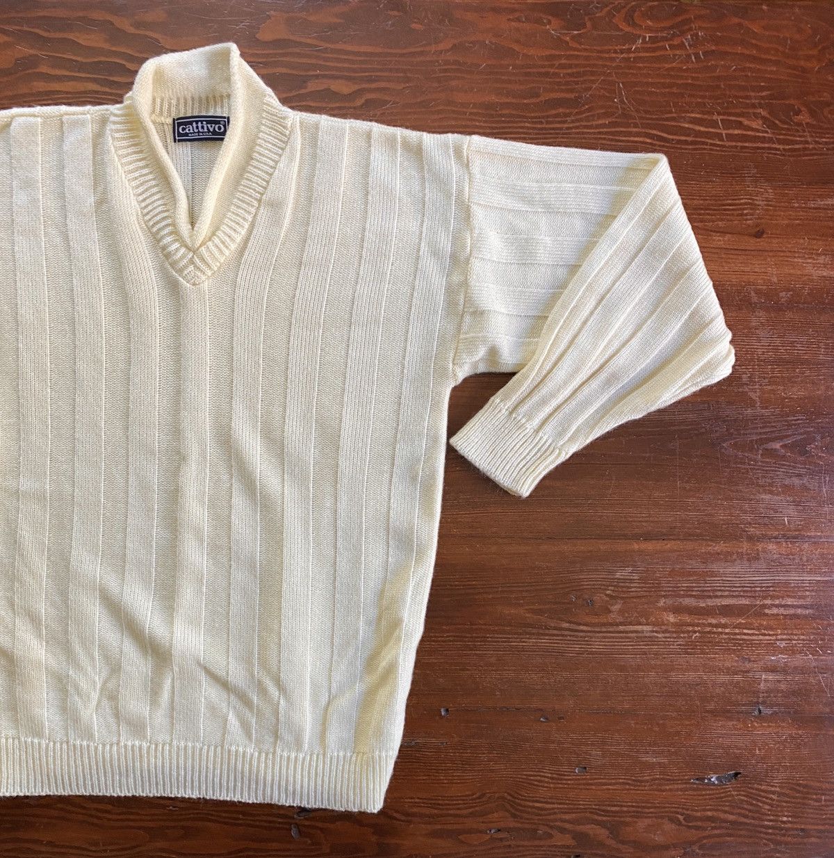 Pre-owned Vintage 70's Cattivo Cream Knit Sweater In Yellowish Cream