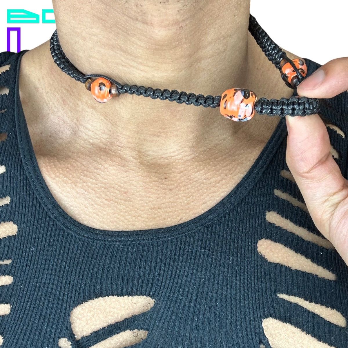 Vintage Vintage Black Hemp Orange Beaded Rope Necklace Size ONE SIZE - 2 Thumbnail