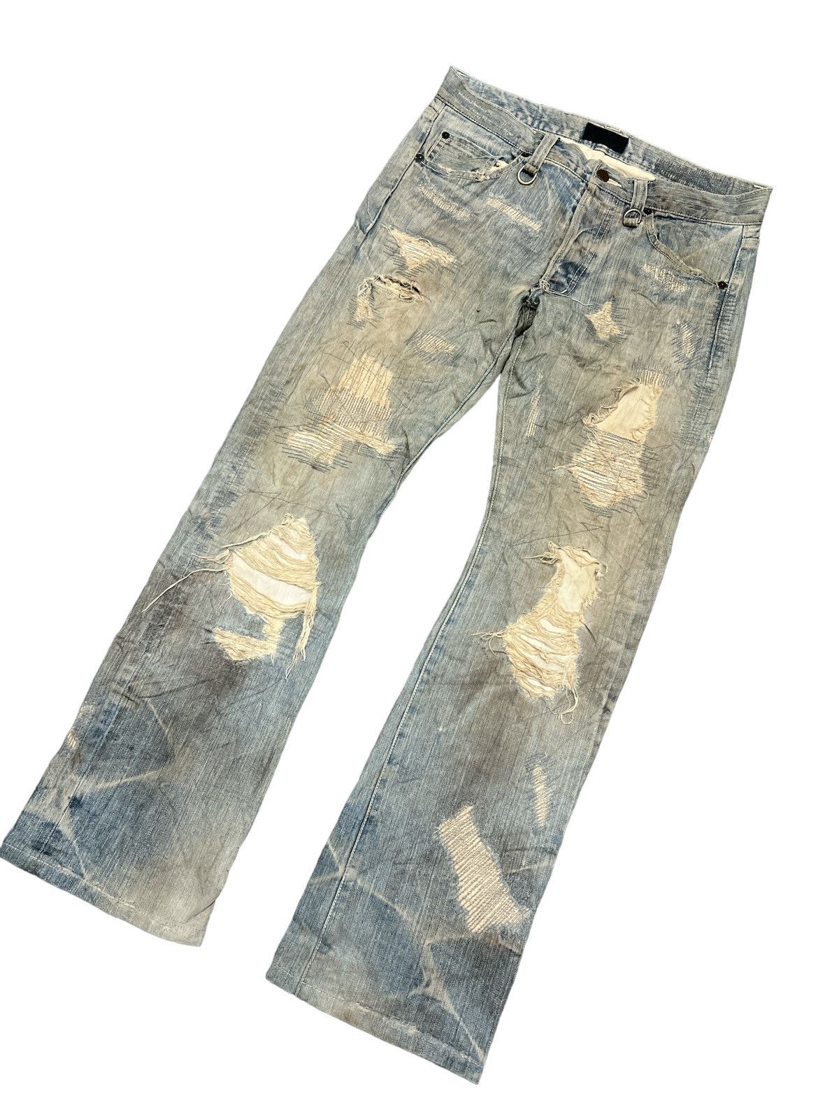 Other FLARED💥 Y2K THRASHED COAL BLACK PATCH WORK SALVAGE DENIM Size US 33 - 4 Thumbnail