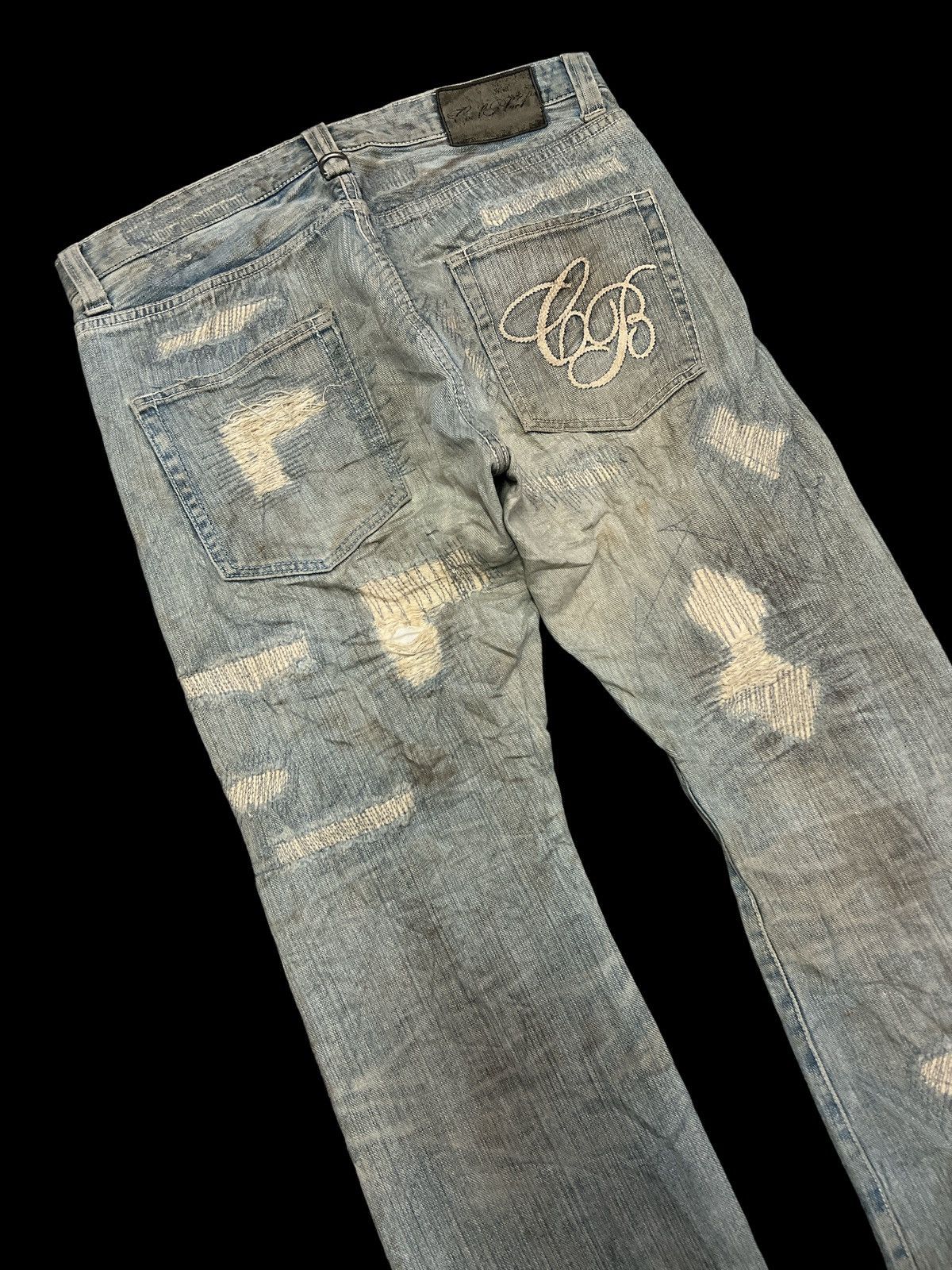 Other FLARED💥 Y2K THRASHED COAL BLACK PATCH WORK SALVAGE DENIM Size US 33 - 9 Thumbnail