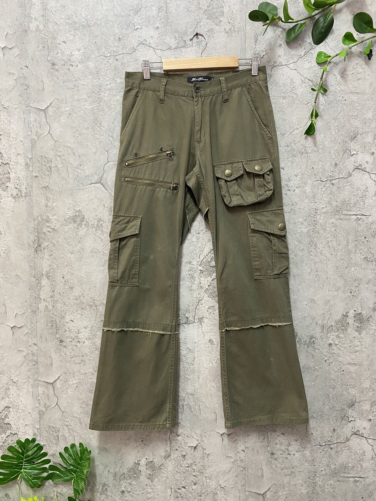 image of Designer Root Three Japan Technical Multi Pocket Cargo Flared Pants in Olive, Men's (Size 30)