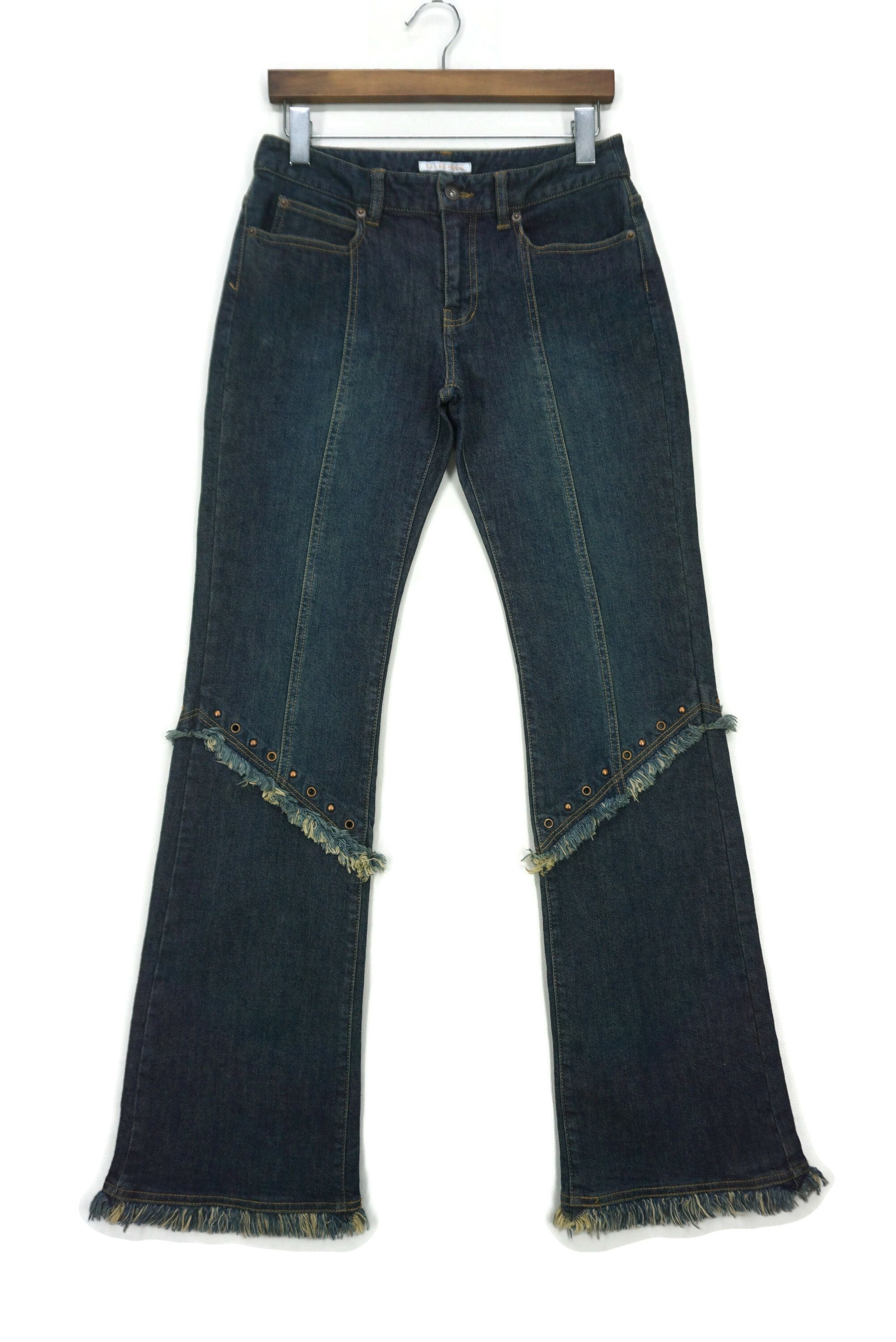 image of Rodeo x Vintage Bootcut Patchwork Jeans Elle Planete Stud Flare Pants in Blue, Women's (Size 26)