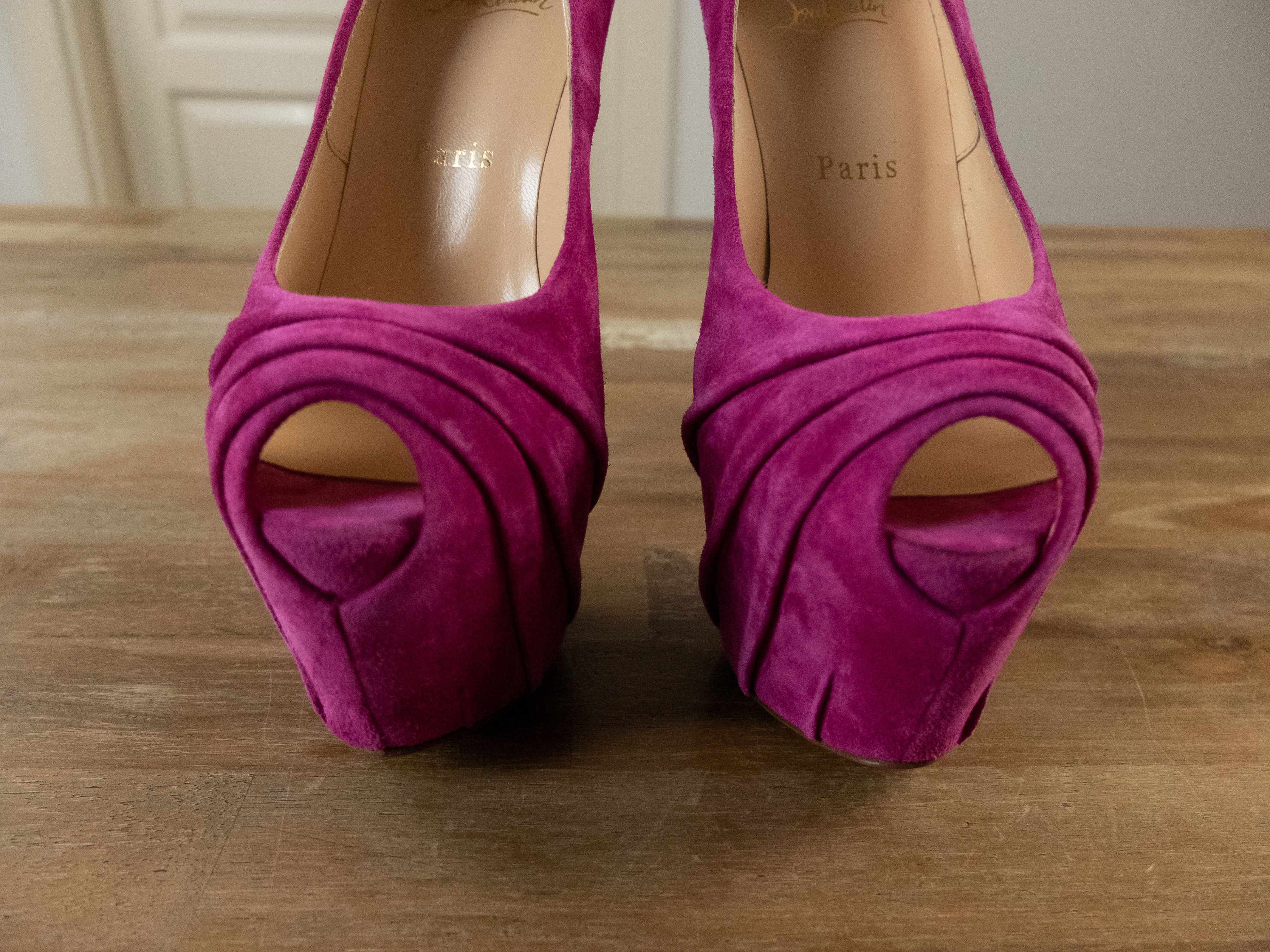 Christian Louboutin $1195 CHRISTIAN LOUBOUTIN Drapesse pink suede platform pumps Size US 7.5 / IT 37.5 - 3 Thumbnail