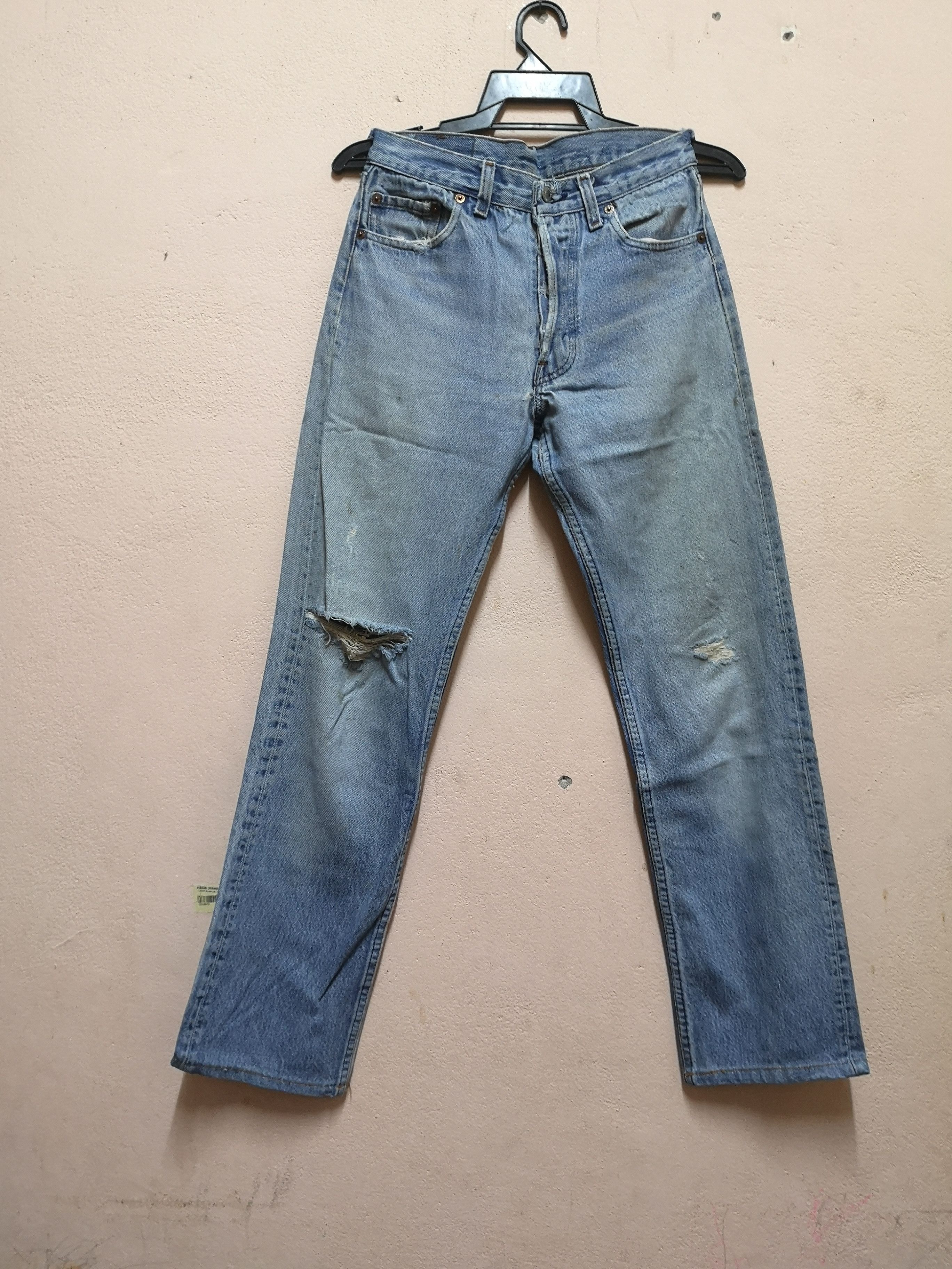 image of Levis 501 Distressed Kurt Cobain Grunge Denim in Light Blue, Men's (Size 28)
