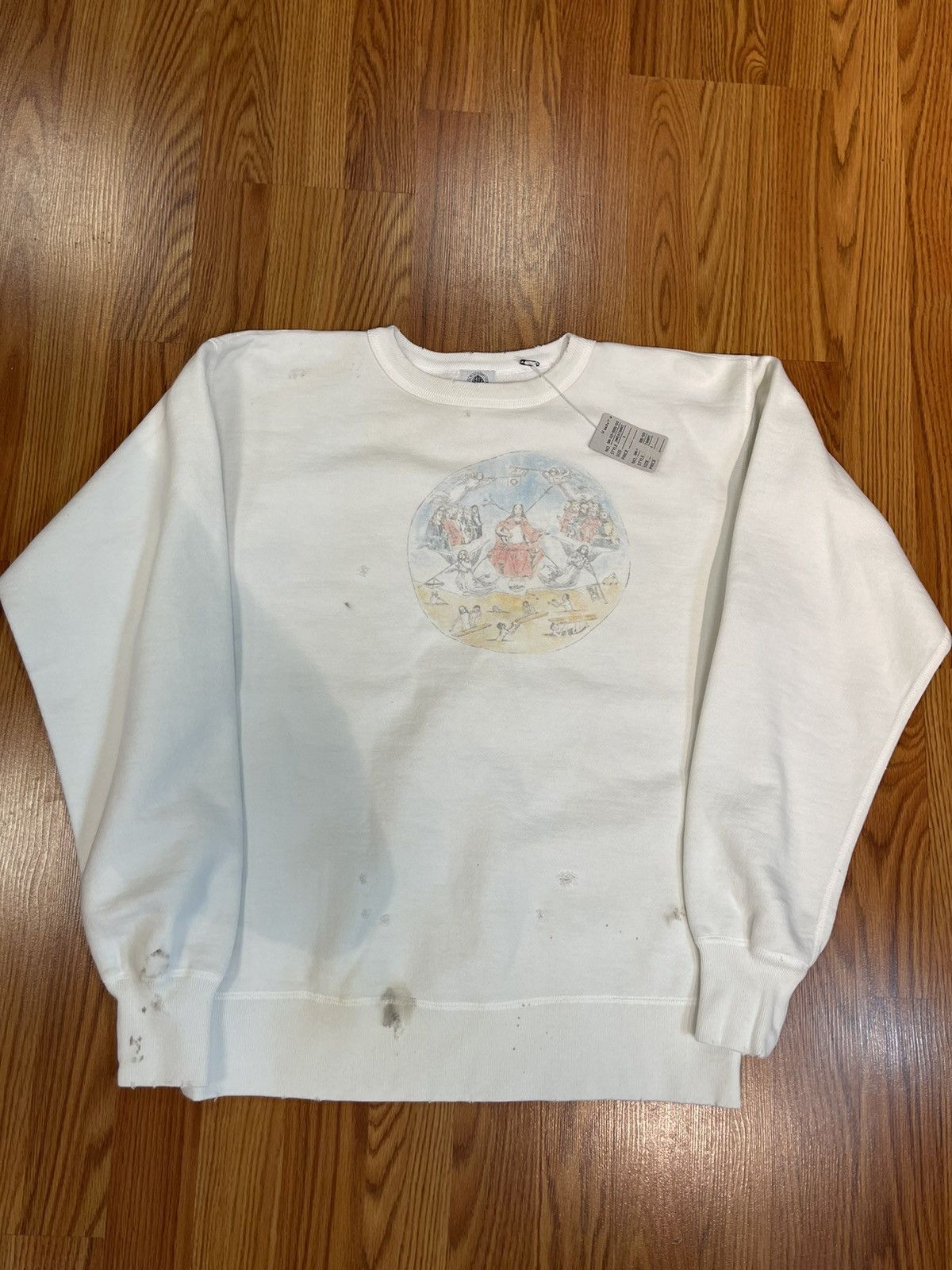 image of Denim Tears x Readymade Saint Michael White Vintage Wash Crewneck Sweatshirt, Men's (Size Small)