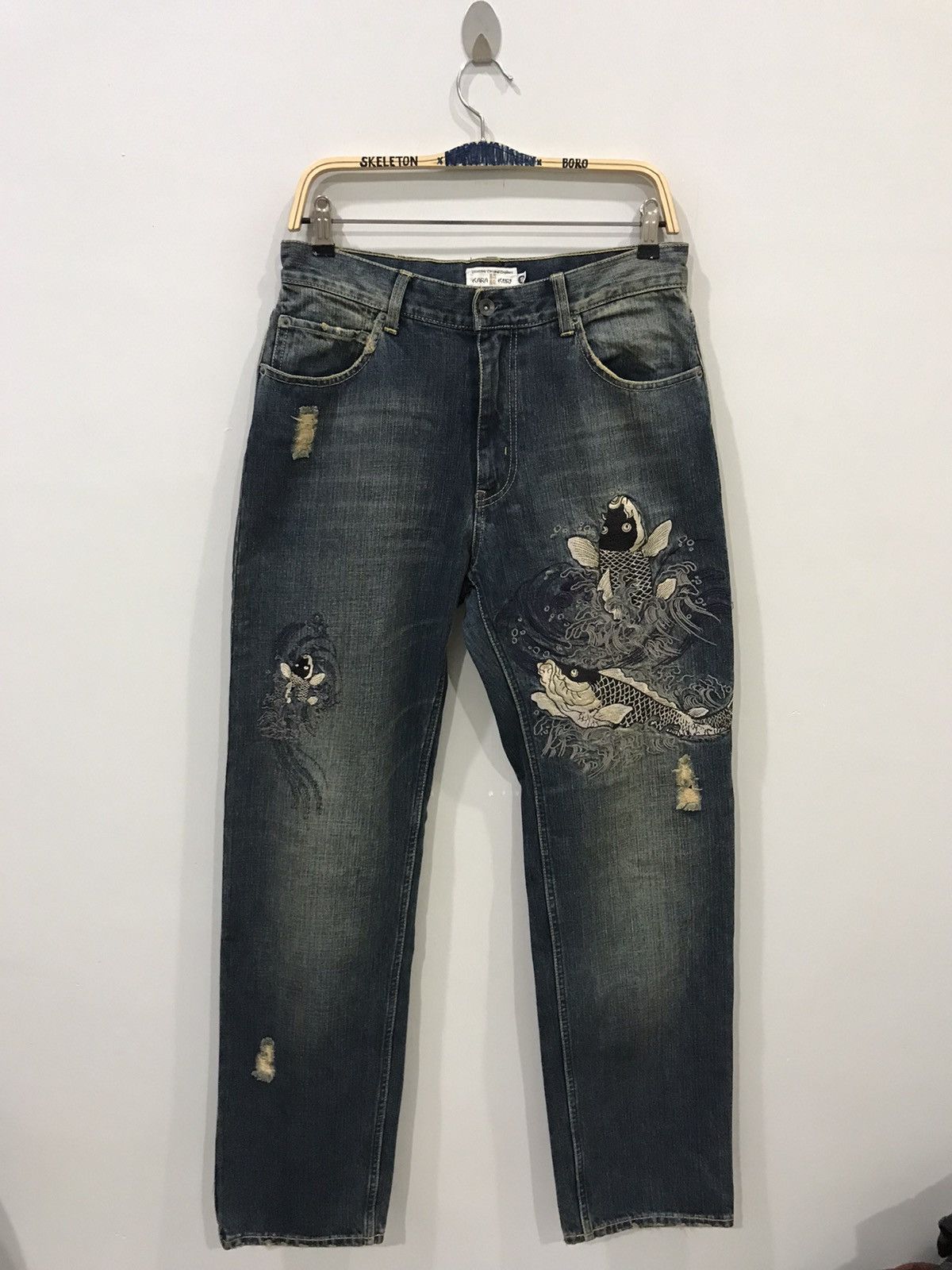 image of Sukajan Souvenir Jacket Karakuri Tamashi Koi Fish Embroided Distressed Denim, Men's (Size 31)