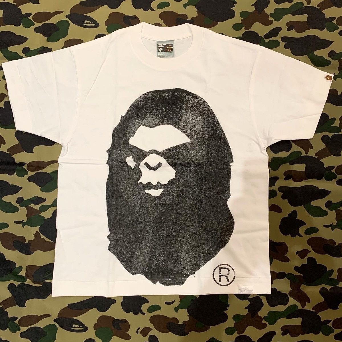 image of Bape OG Handprint Black Apehead Tee in White, Men's (Size Medium)