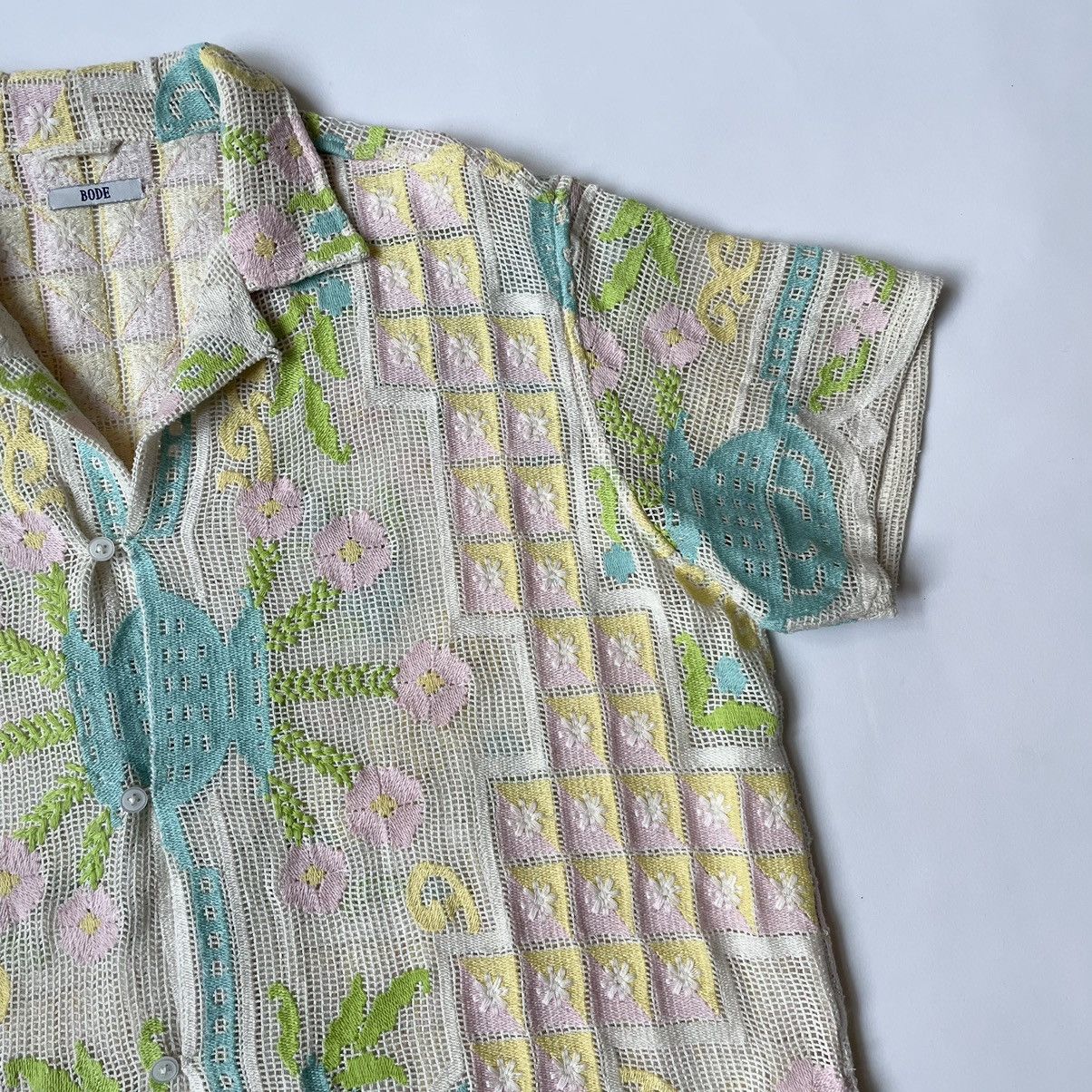 Bode ‘Floral Embroidered’ Cotton Mesh Shirt Size US S / EU 44-46 / 1 - 7 Thumbnail