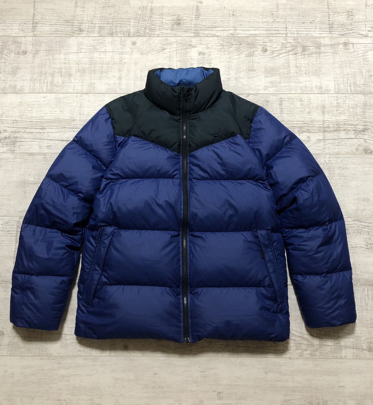 Pre-owned Nike X Vintage Y2k Nike Nylon Drill Puffer Down Jacket In Navy Blue/black