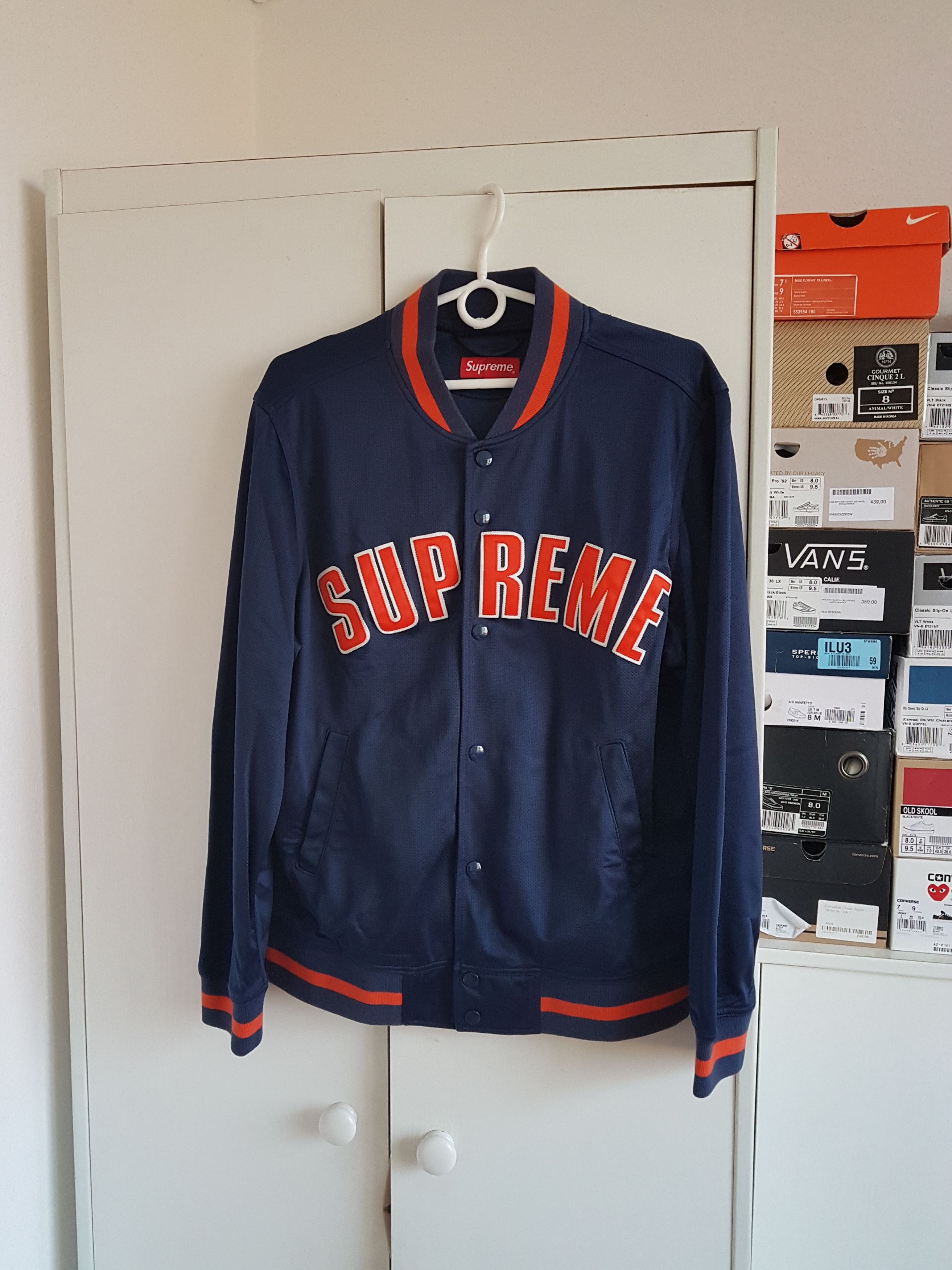 image of Supreme Mesh Varsity Jacket Ss15 in Navy, Men's (Size Medium)