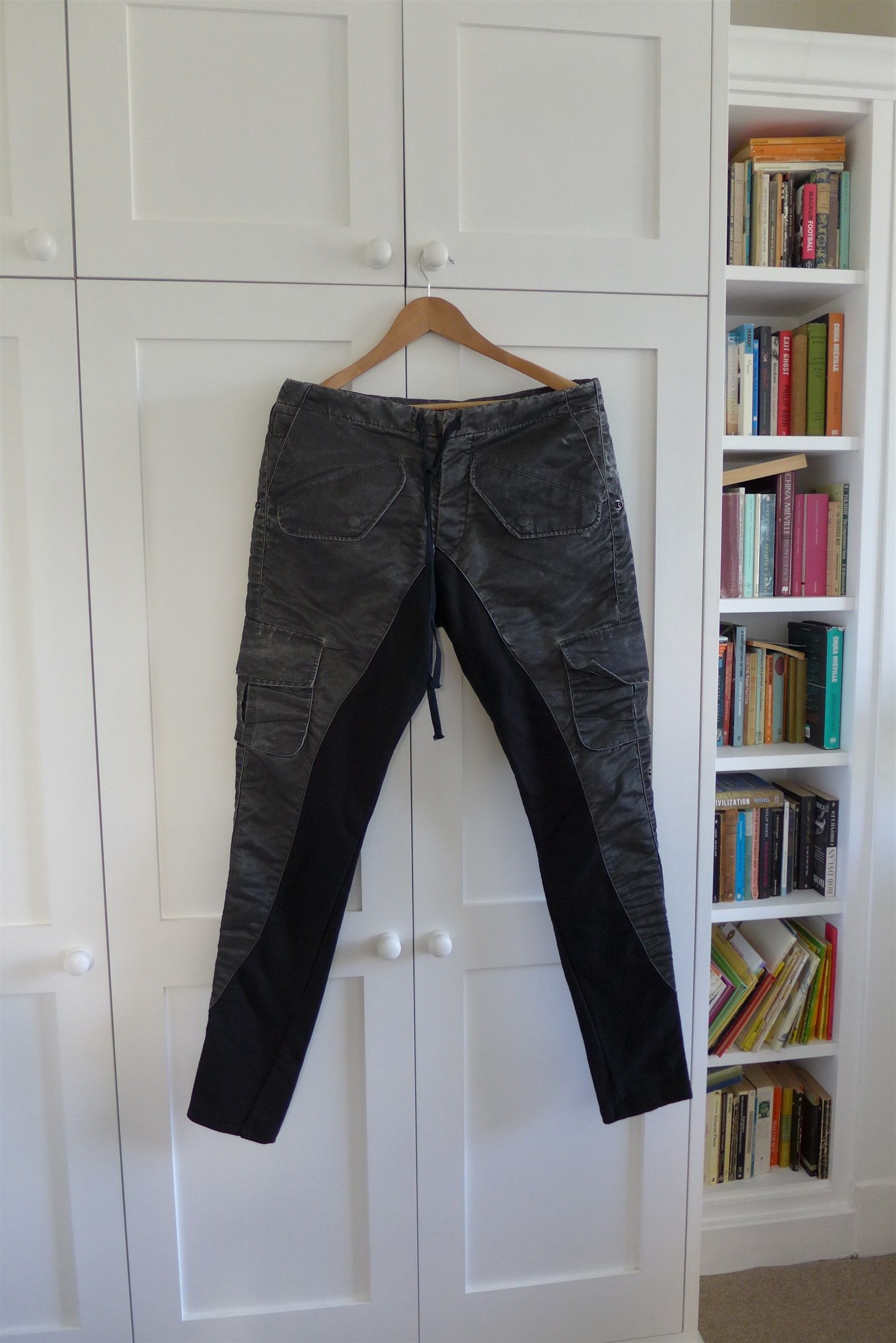 image of Greg Laurent Black Washed Satin 50/50 Cargo Pants, Men's (Size 34)