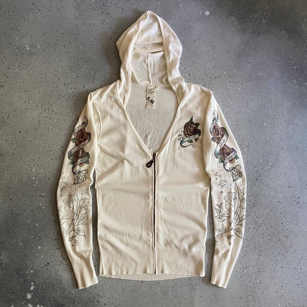 Guess × Vintage Y2K Guess Goth Hooded Long Sleeve Top with Tattoo printed Size L / US 10 / IT 46 - 1 Thumbnail