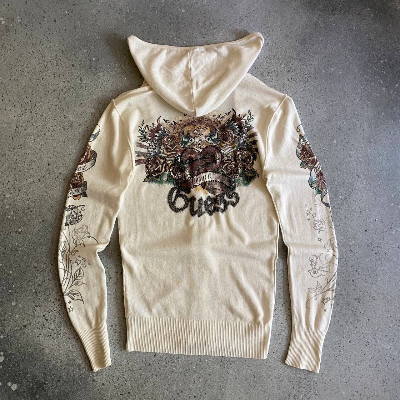 Guess × Vintage Y2K Guess Goth Hooded Long Sleeve Top with Tattoo printed Size L / US 10 / IT 46 - 2 Thumbnail