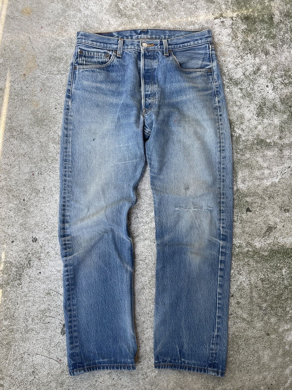image of Y2K Levis 501 Buttonfly Light Thrashed Denim Jeans in Blue, Men's (Size 32)