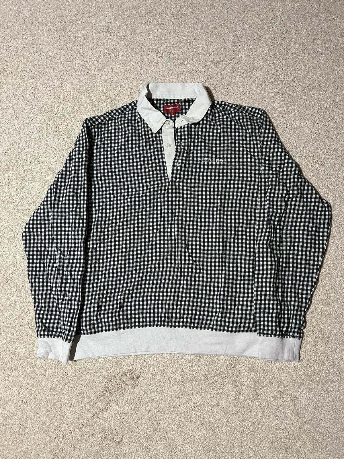 image of M Supreme Gingham Checkerboard Long Sleeve Polo Shirt in Grey, Men's (Size Medium)