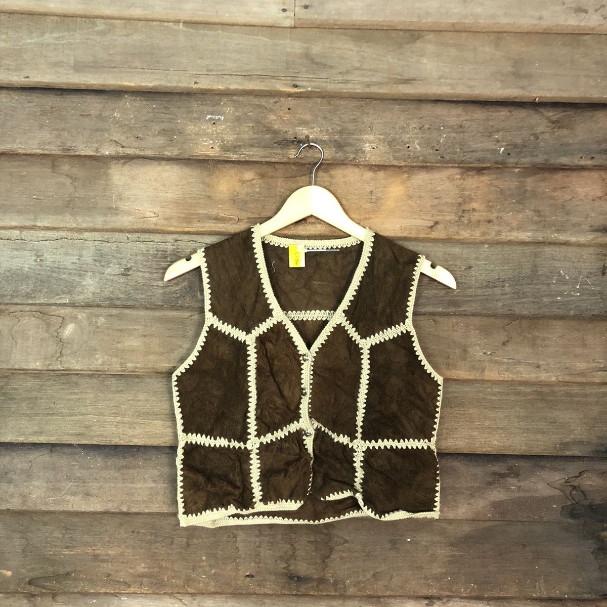 image of Leather Jacket x Vintage Japan Brown Patchwork Leather Vest Jacket C1136, Women's (Size XS)