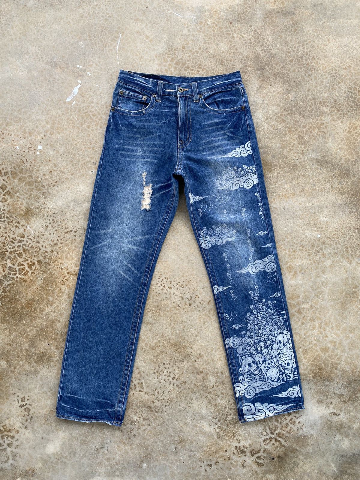 Japanese Brand Vintage Karakuri Tamashi Printed Distressed Denim Pants Size US 31 - 1 Thumbnail