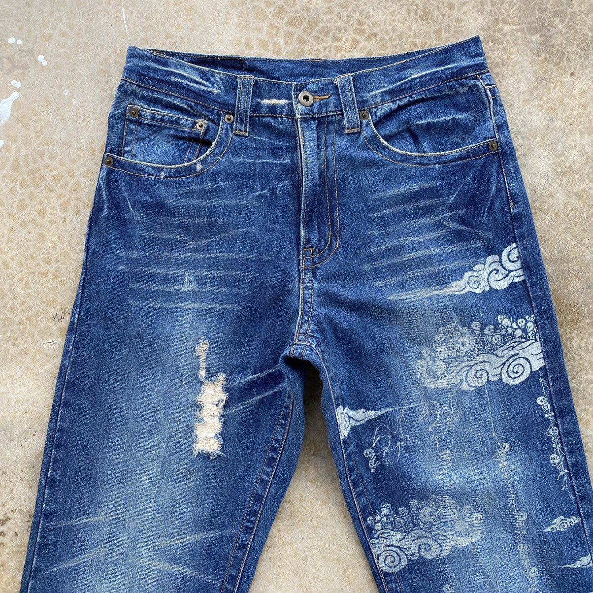 Japanese Brand Vintage Karakuri Tamashi Printed Distressed Denim Pants Size US 31 - 3 Thumbnail