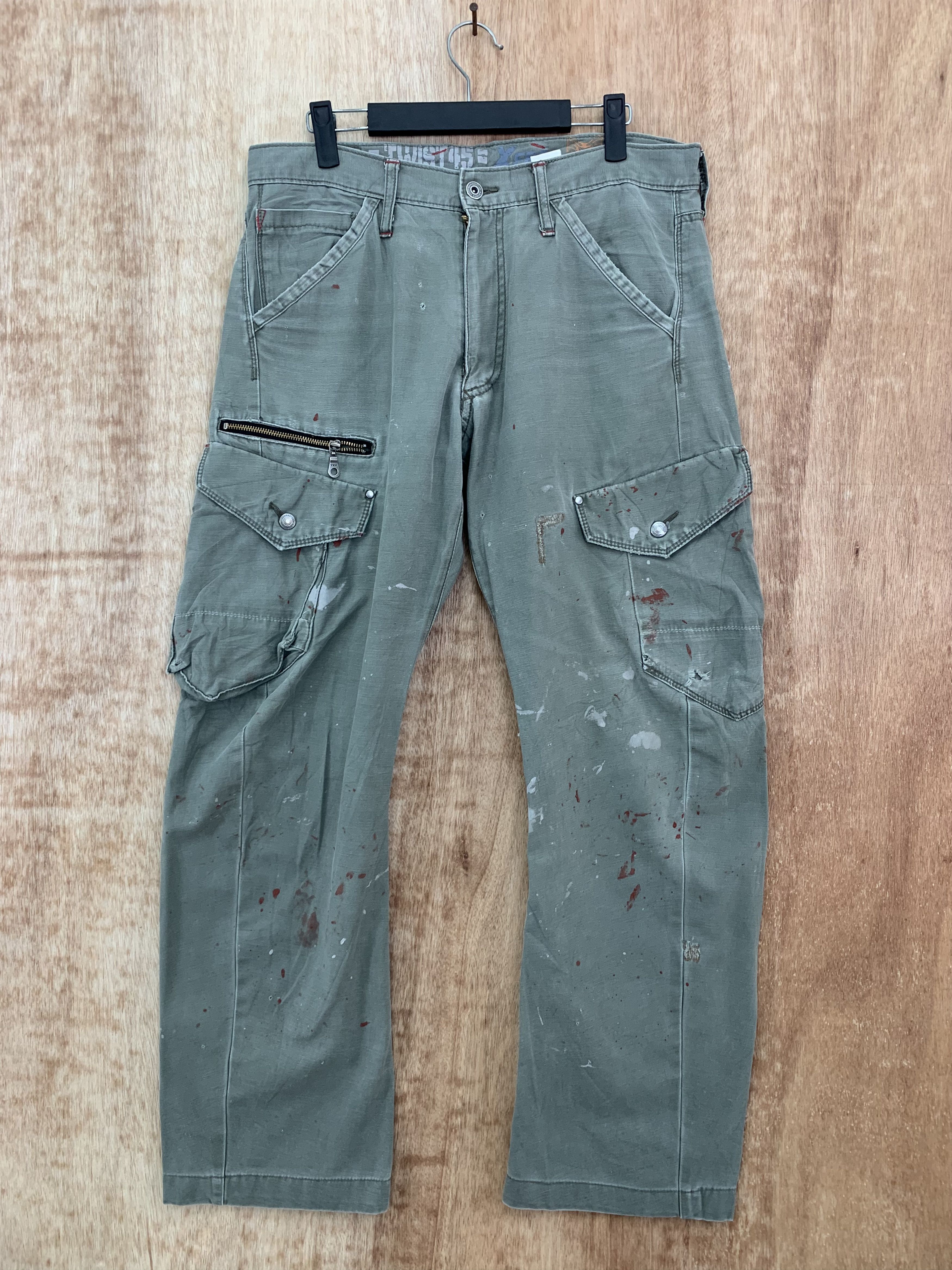 image of Vintage Cargo Pants Xebec Twist Multipocket Painted Distressed in Green, Men's (Size 32)