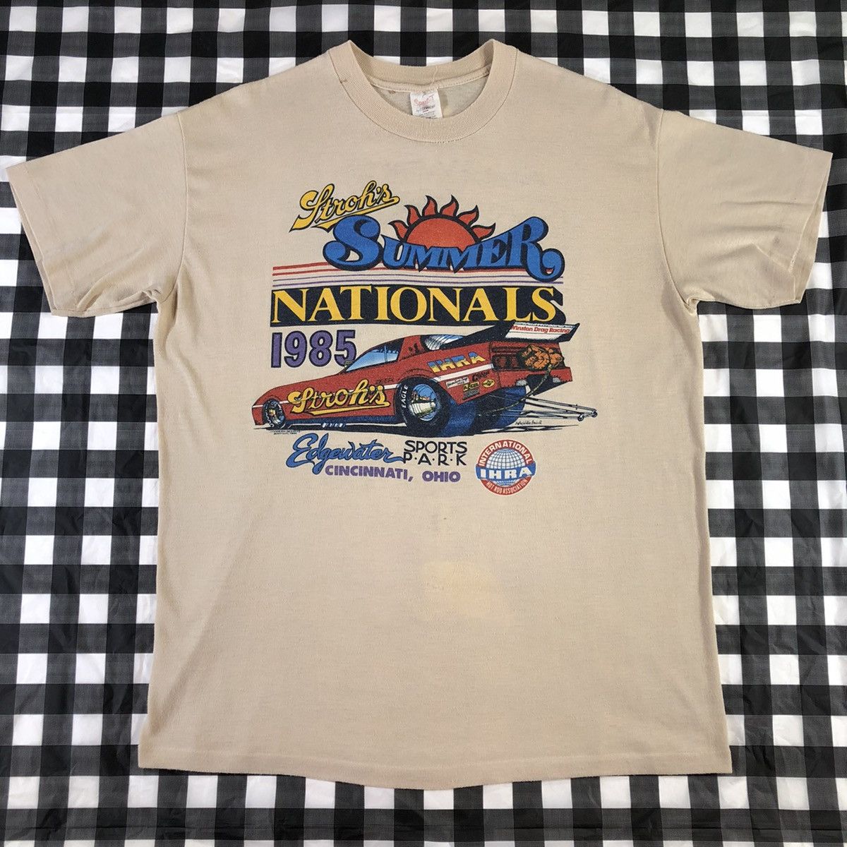 image of Ihra Summer Nationals 1985 Pro Stock Car Racing Vintage T in Tan, Men's (Size XL)