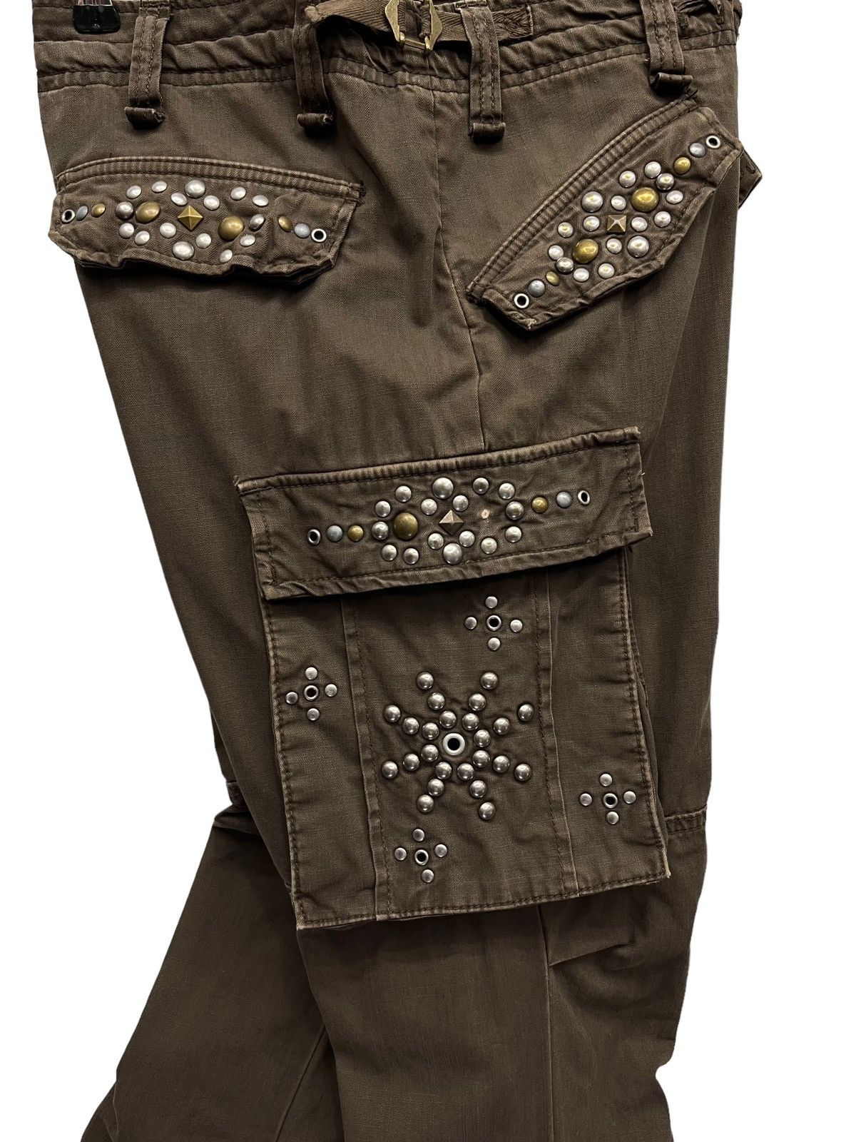 image of Archival Clothing x Avant Garde Japan's Drawstring Brown Studded Flap Zipper Leg Cargo (Size 31)