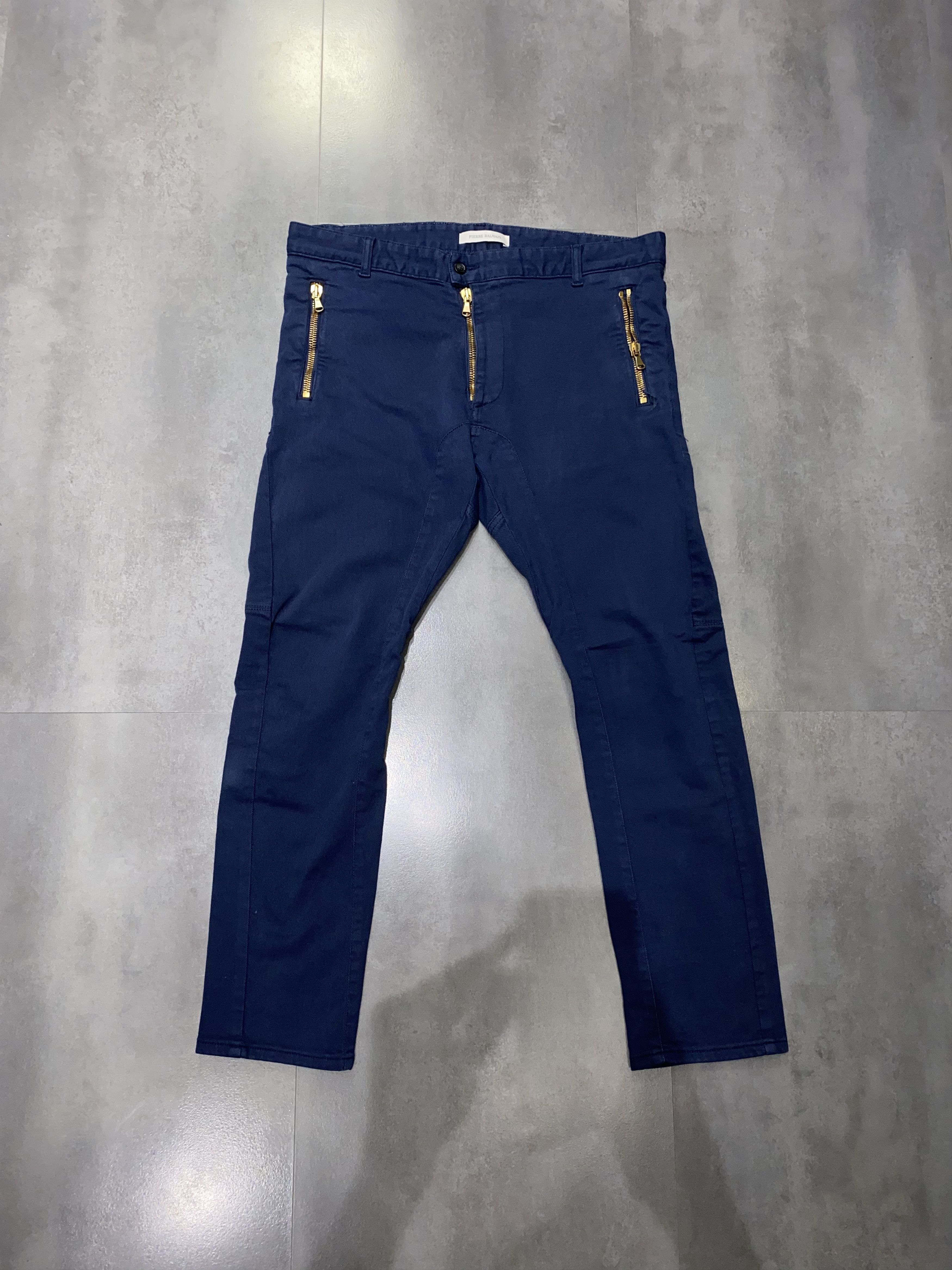 image of Pierre Balmain 3 Zip Zipped Biker Navy Denim Pants in Bleu Navy, Men's (Size 36)