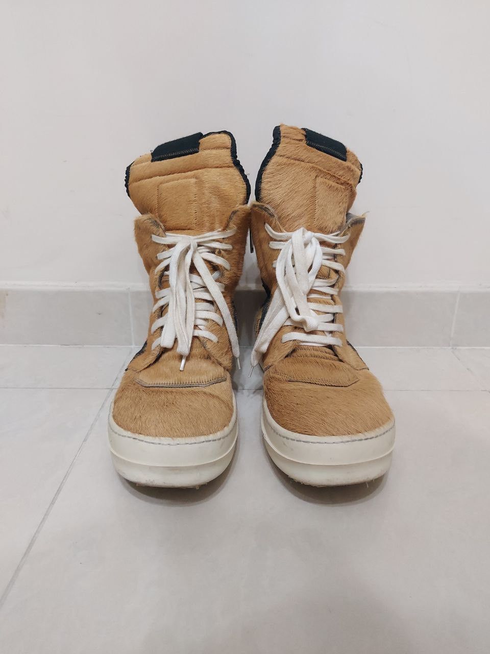 image of Rick Owens x Rick Owens Drkshdw Fw13 Aw13 Plinth Pony Hair Geobasket Shoes in Beige Brown (Size 9)
