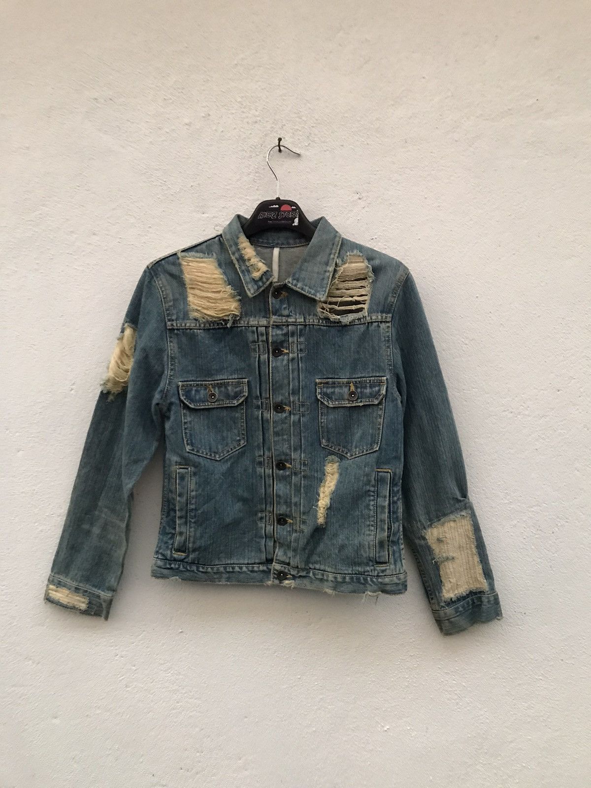 image of Royal Blue Ripped & Patched Distressed Denim Jacket, Men's (Size Small)