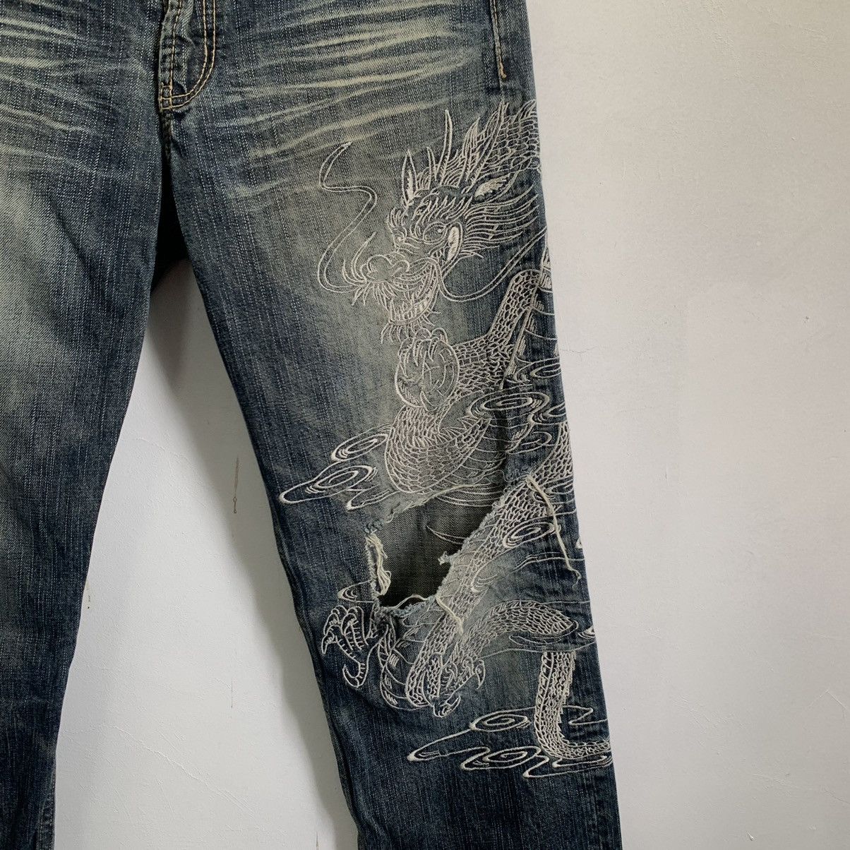 Hysteric Glamour Sukajan Dragon Embroidered Distress Denim Jeans Size US 32 / EU 48 - 4 Thumbnail