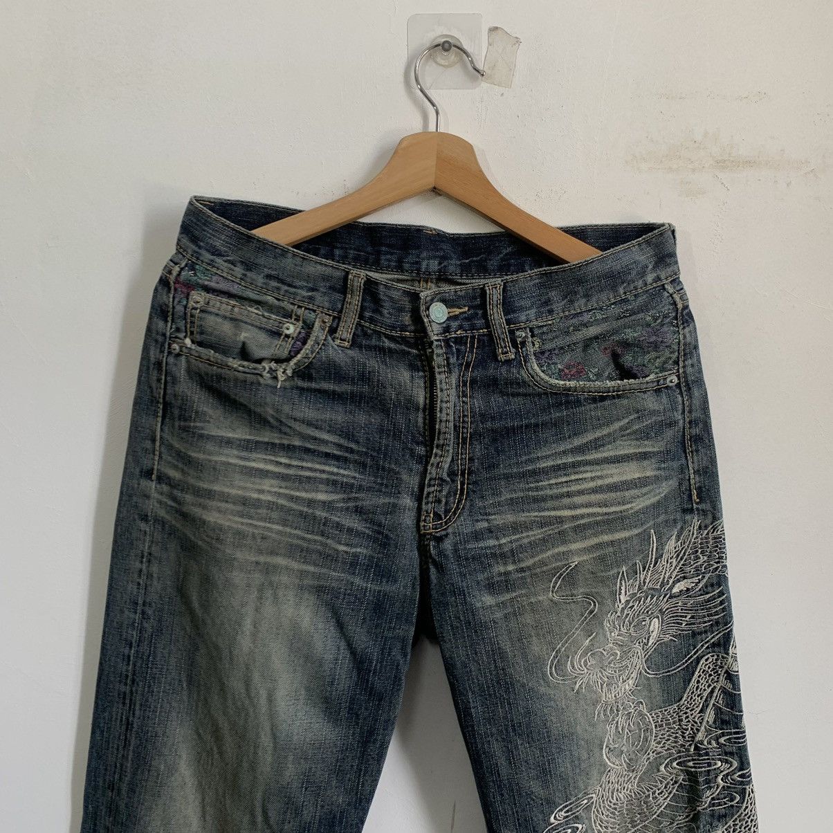 Hysteric Glamour Sukajan Dragon Embroidered Distress Denim Jeans Size US 32 / EU 48 - 3 Thumbnail