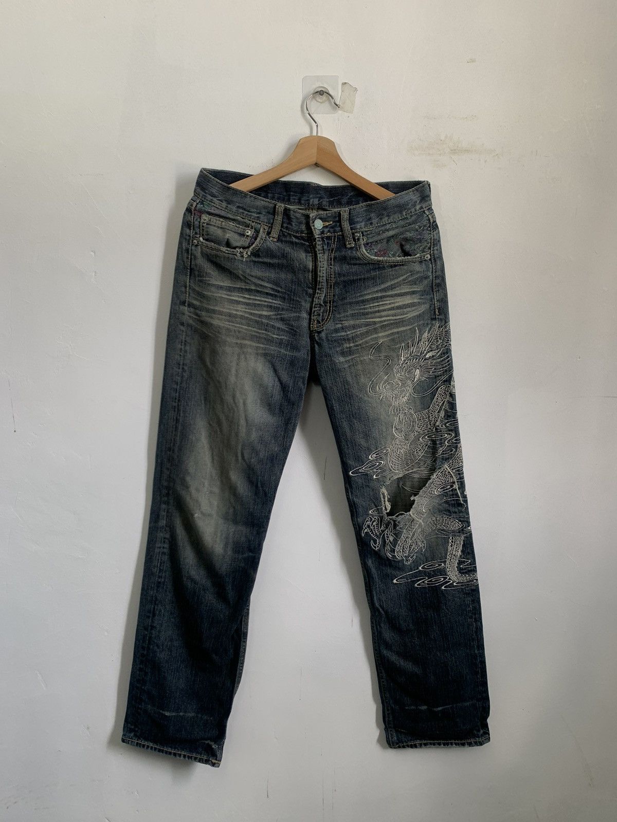 Hysteric Glamour Sukajan Dragon Embroidered Distress Denim Jeans Size US 32 / EU 48 - 1 Thumbnail
