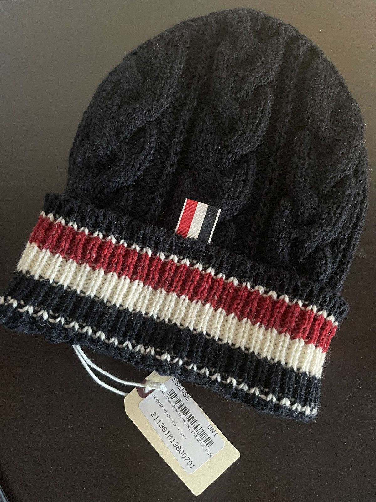 image of Thom Browne New With Tag, Funmix Aran Cable Hat W/ Stripes in Navy, Men's