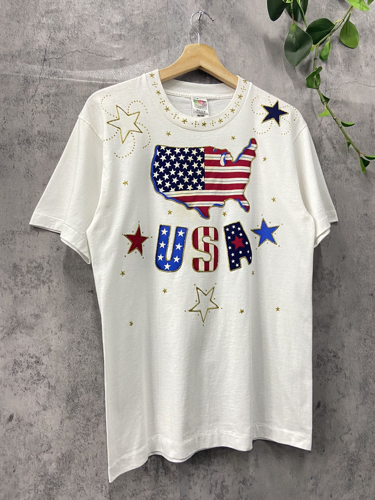 Vintage Vintage 90’s USA Flag Map Art Embossed Glitter Tshirt Size US S / EU 44-46 / 1 - 2 Thumbnail