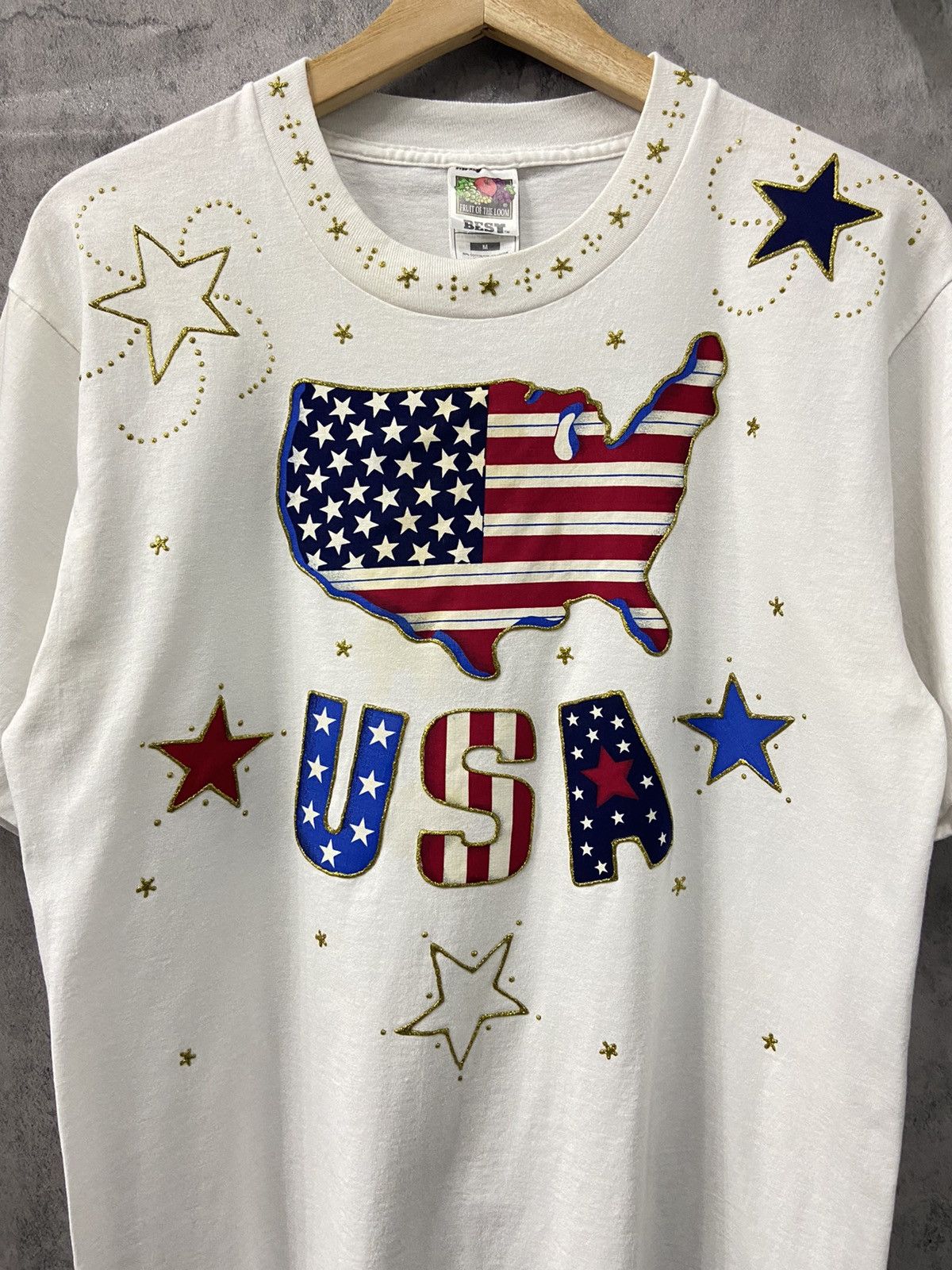 Vintage Vintage 90’s USA Flag Map Art Embossed Glitter Tshirt Size US S / EU 44-46 / 1 - 3 Thumbnail