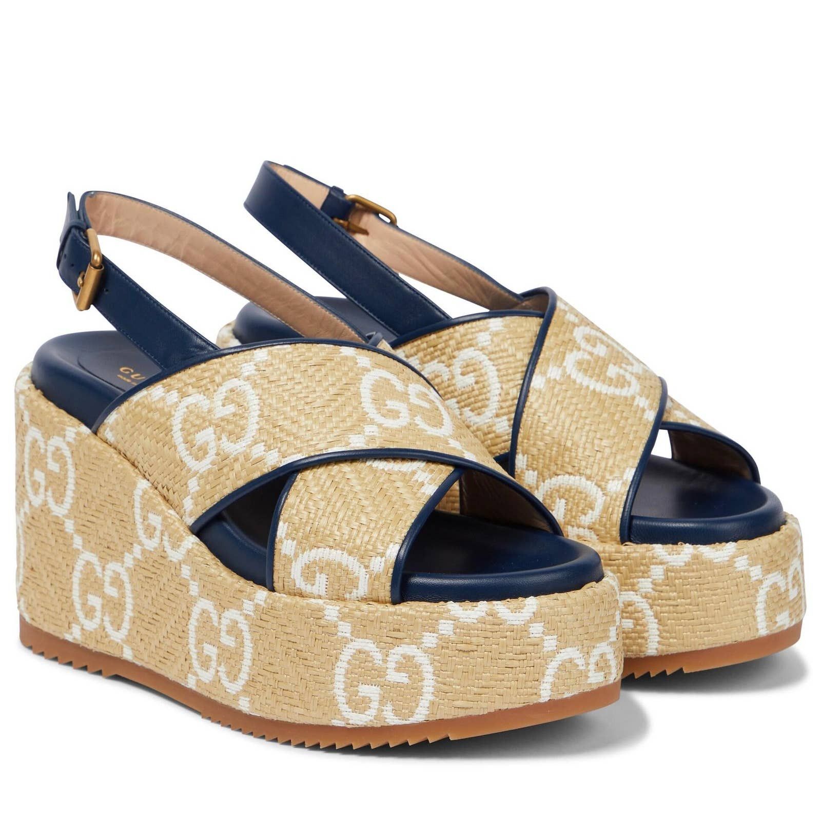 GUCCI GG logo raffia platform wedges 37.5