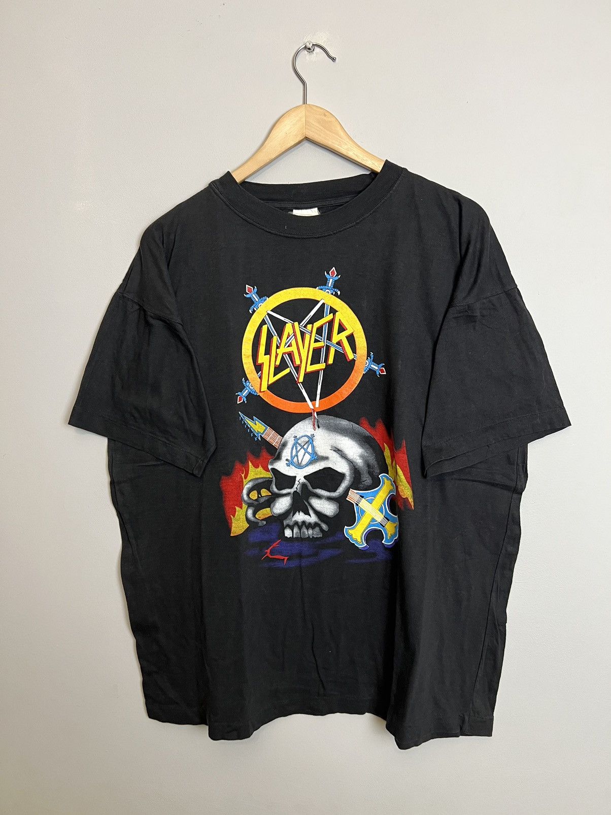 image of Vintage 90's Slayer Heavy Metal Band T Shirt Divine Rare XL in Black, Men's