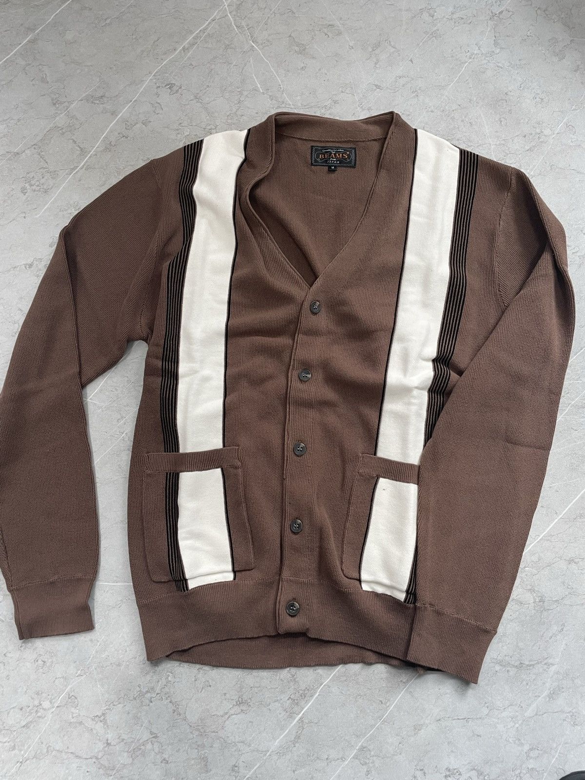 image of Beams Plus Stripe Cardigan M in Brown, Men's (Size Medium)